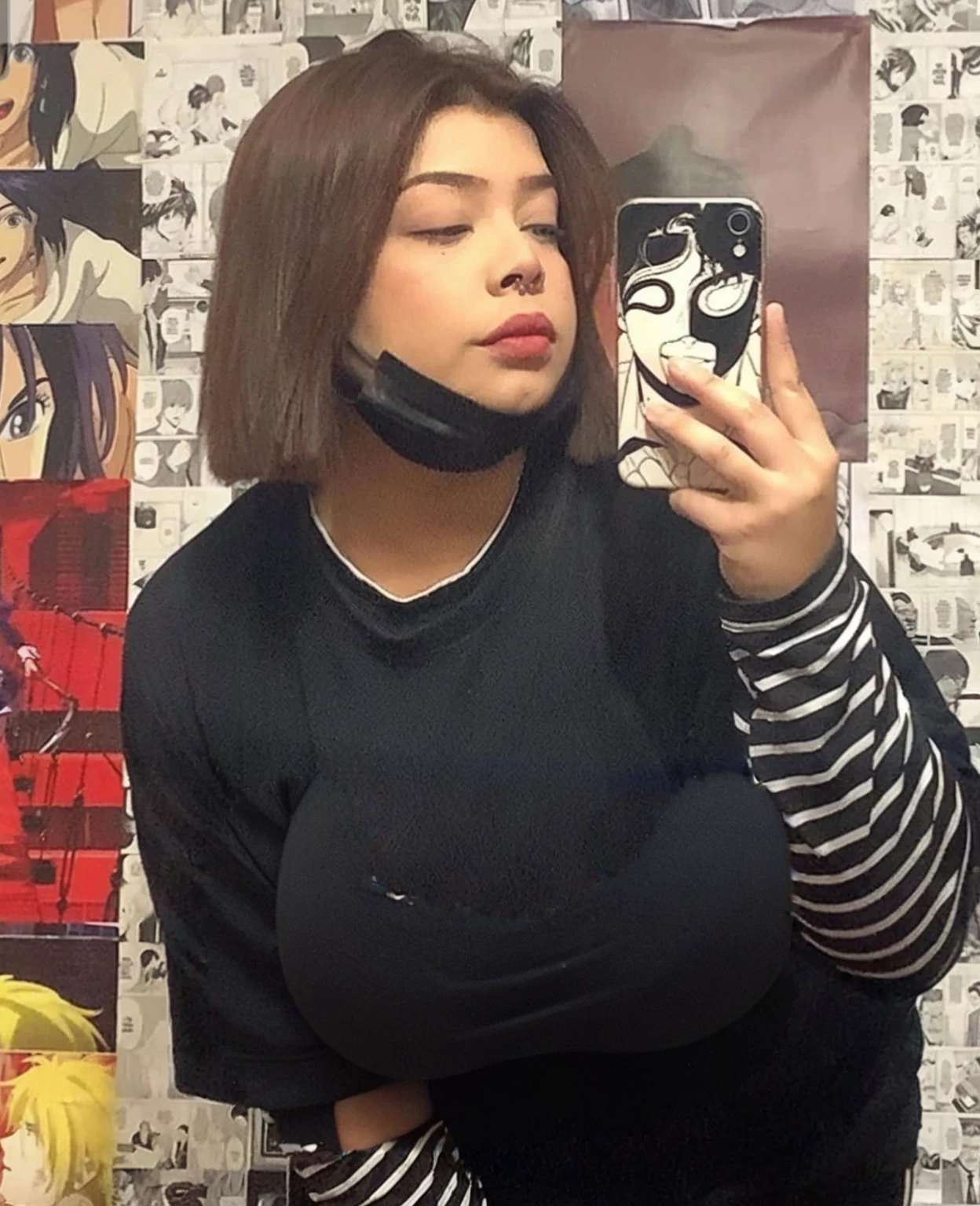 there is a woman taking a selfie in a mirror, profile picture, profile image, profile pic, taken in the early 2020s, with tattoos, cruel korean goth girl, very very low quality picture, selfie of a young woman, headshot profile picture, ulzzang, with bangs, 30 years old woman, 3 0 years old woman, very sexy outfit, Big tits, huge tits, no clothes, sexy, cute, wide hips, thick thighs, pear-shaped body, minimal clothes, thick, bbw, chubby stomach, thick nipples, nipple piercings, large areola, hard nipples, piercing through shirt, nipples hard through shirt, busty, major cleavage, naked, ripping through top, spilling over sides, bra too tight, giant , huge ass, down to knees, facing left 