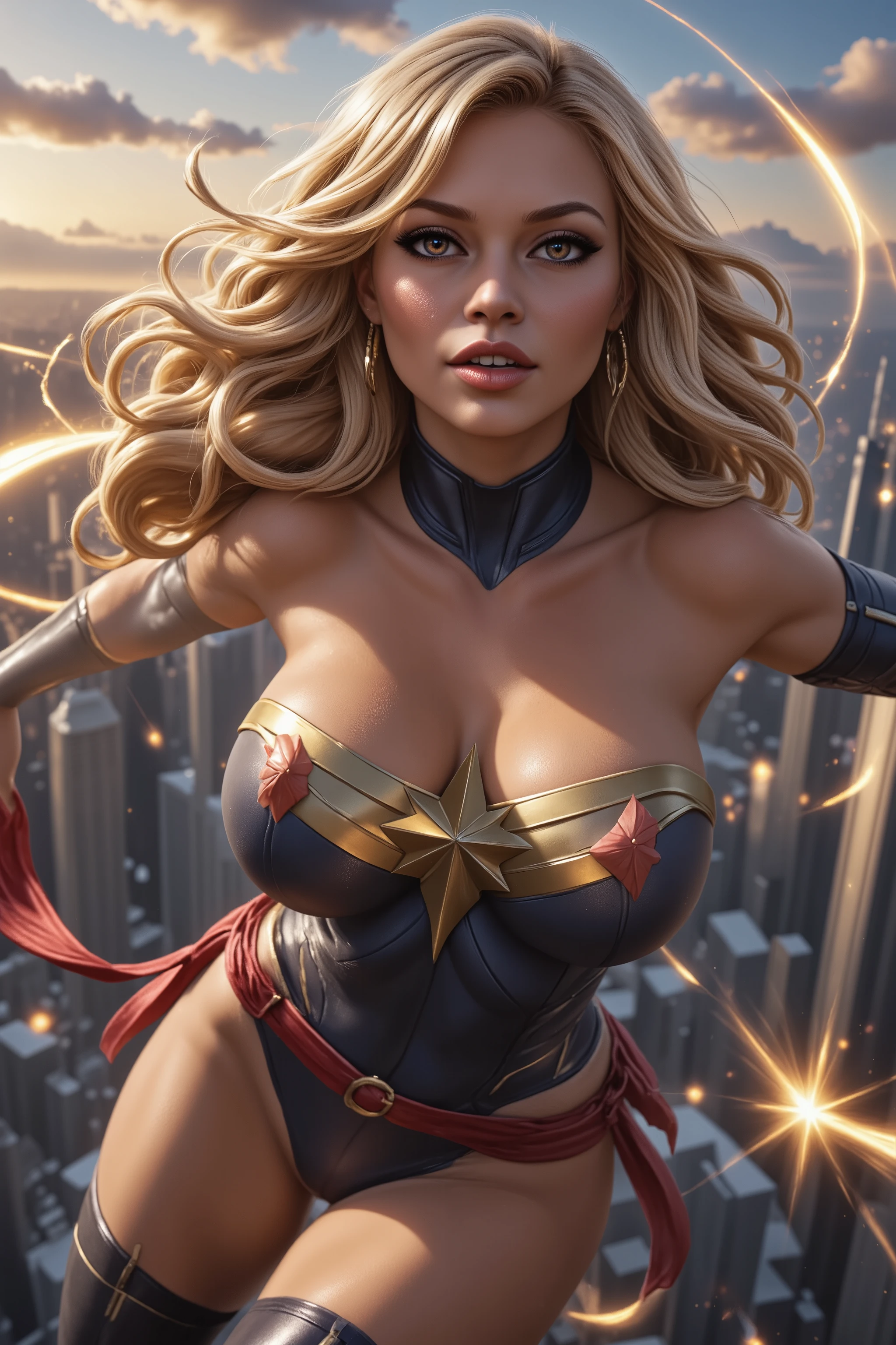 ray tracing, UHD, 16k, masterpiece, cinematic, photorealistic, award winning, marvel comics character, ms marvel, voluptuous, athletic, beautiful long hair, tight clothes, skin indentation, confident expression, heroic pose, flying in the air, energy effects, city skyline background, glowing energy powers, cinematic lighting, dramatic shadows, comic book art style, digital painting