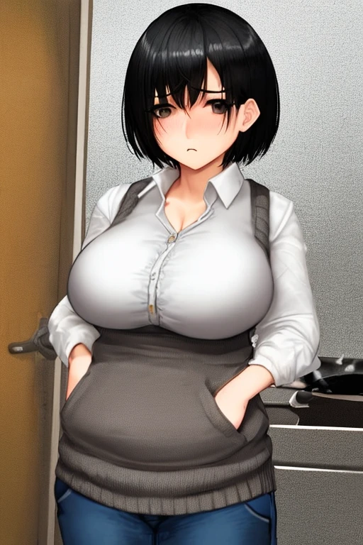 Distressed, MILF, huge tits, big breasts, black hair, short black hair, annoyed, jeans, shirt, black shirt, big nipples, protruding nipples, large breasts, shirt covering breasts, 