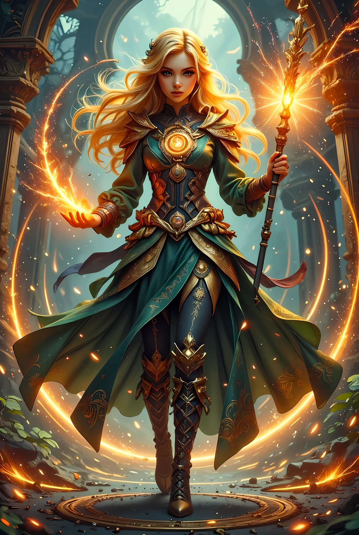 full body picture of olo female druid, intense details facial details, exquisite beauty, cleric of nature female, ((yellow hair: 1.5)), long hair,  (green eyes: 1.3), armed with a fiery staff, red fire, wearing (druid combat vestments: 1.5), wearing high heeled laced boots, wearing an (green cloak:1.3), wearing glowing holy symbol, manipulating fiery runes, fiery enerfy fantasy art, dnd art, RPG art, wide shot, (masterpiece: 1.4) intense details, highly detailed, photorealistic, best quality, highres, within fantasy temple of nature background, reflection light, high details, best quality, 16k, [ultra detailed], masterpiece, best quality, (extremely detailed), close up, ultra wide shot, photorealistic, RAW, fantasy art, dnd art, fantasy art, realistic art,((best quality)), ((masterpiece)), (detailed), perfect face, zavy-ctcmcs, firegirlnr