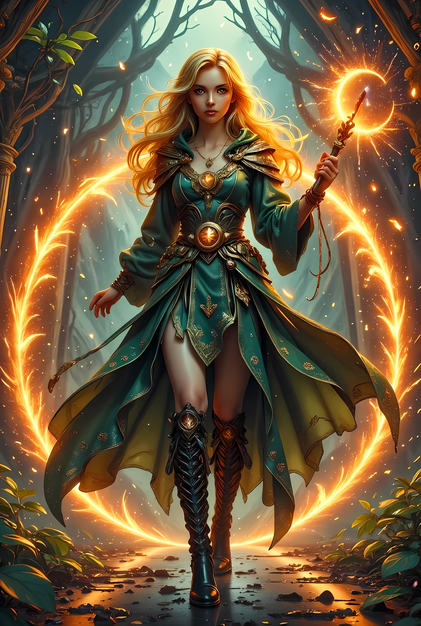 full body picture of olo female druid, intense details facial details, exquisite beauty, cleric of nature female, ((yellow hair: 1.5)), long hair,  (green eyes: 1.3), armed with a fiery staff, red fire, wearing (druid combat vestments: 1.5), wearing high heeled laced boots, wearing an (green cloak:1.3), wearing glowing holy symbol, manipulating fiery runes, fiery enerfy fantasy art, dnd art, RPG art, wide shot, (masterpiece: 1.4) intense details, highly detailed, photorealistic, best quality, highres, within fantasy temple of nature background, reflection light, high details, best quality, 16k, [ultra detailed], masterpiece, best quality, (extremely detailed), close up, ultra wide shot, photorealistic, RAW, fantasy art, dnd art, fantasy art, realistic art,((best quality)), ((masterpiece)), (detailed), perfect face, zavy-ctcmcs, firegirlnr