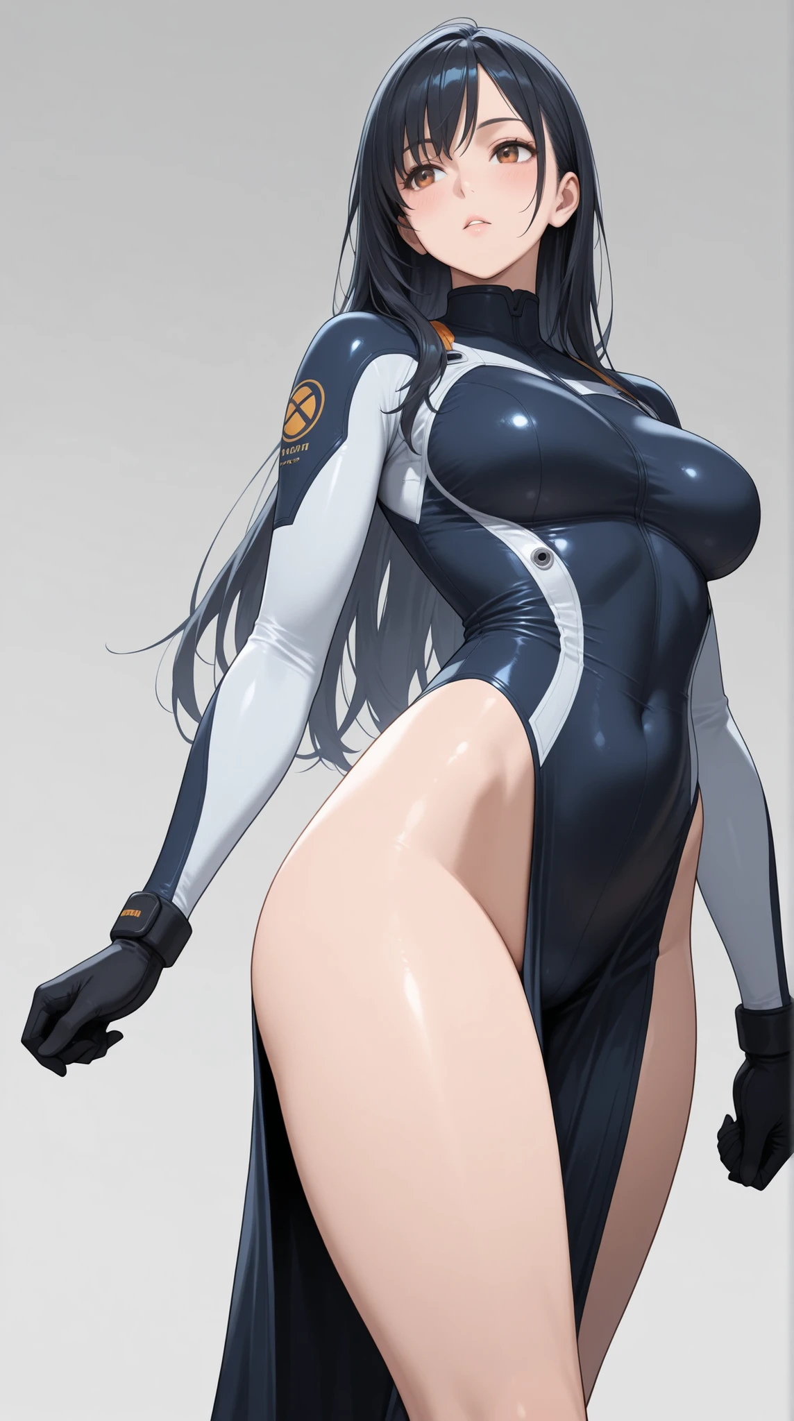 Masterpiece, highest quality, highly detailed, 4k, modern superhero, beautiful woman, black hair, bangs, large breasts, bodysuit, arm sleeves, thigh high boots