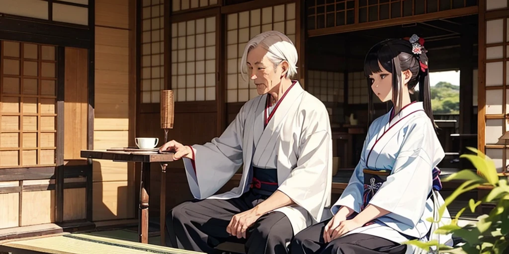there are two people sitting on the floor with a sword, inspired by Kanō Hōgai, inspired by Sesshū Tōyō, ayami kojima and greg rutkowski, inspired by Tani Bunchō, in a dojo, masayoshi suto and artgerm, inspired by Kōshirō Onchi