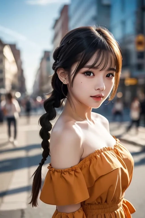 a woman posing on the street corner with orange dress on, best quality, 1 Girl, Large Breasts, sky, bright, Blurred Background, bokeh, outdoor, (street:0.8), (people, crowd:0.8), (Off-shoulder dress:1.2), Gorgeous, (Braided Bangs:1.2), Beautiful and delicate sky, (Dynamic poses:1.2), Soft lighting, wind, Glowing skin, (Upper Body:0.8), (freckle:0.8), Mole under mouth, 