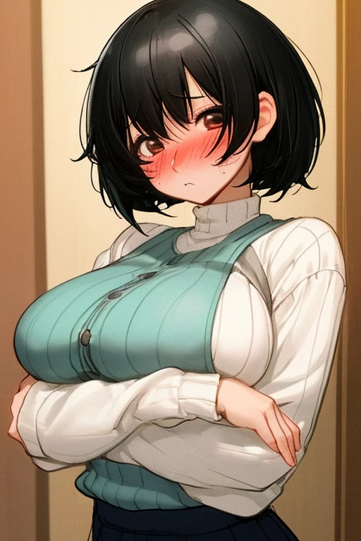 tendou_kasumi, Apron_White_Ruffle, Yellow_Shirt_blue_high-waist_skirt, standing, solo, large breasts,, masterpiece, best quality, detailed face, detailed eyes, highres,blush,nipples,sad