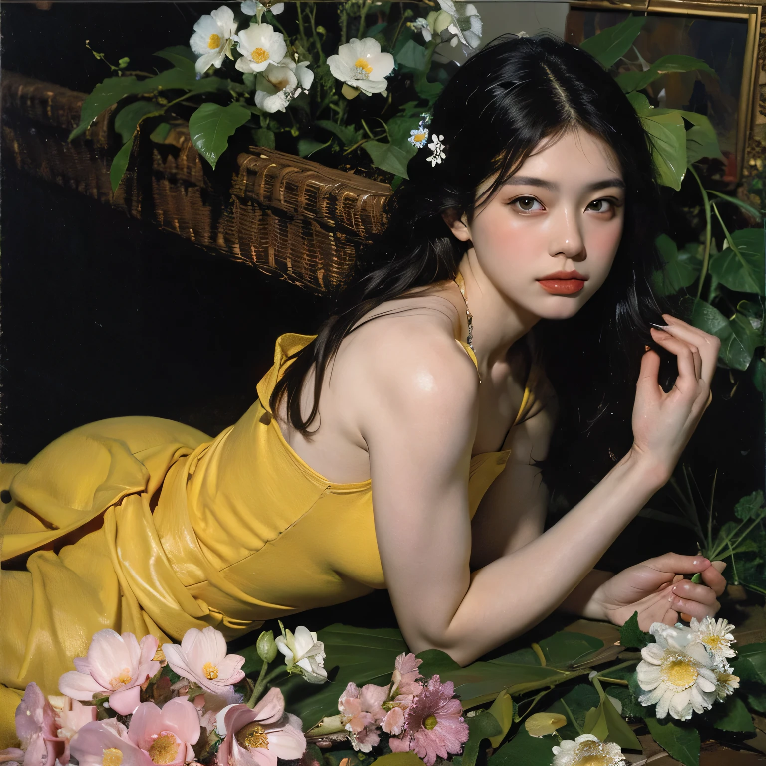 (Oil painting: 1.5),
\\
A woman with long black hair and white flowers in her hair sits in front of a Chinese landscape painting, red dress (Amy Saul: 0.248), (Stanley Ateg Liu: 0.106), (a detailed painting: 0.353), (Gothic art: 0.106)