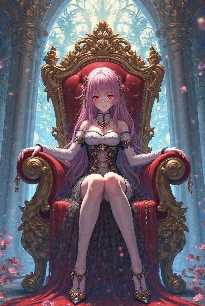 Tall and mature anime girl, long pink hair, purple eyes, angry expression, arrogant, sitting on a throne, beautiful and detailed throne room, wearing jet black heels and a beautiful long black and gold dress, hair adorned with golden accessories, good anatomy, detailed