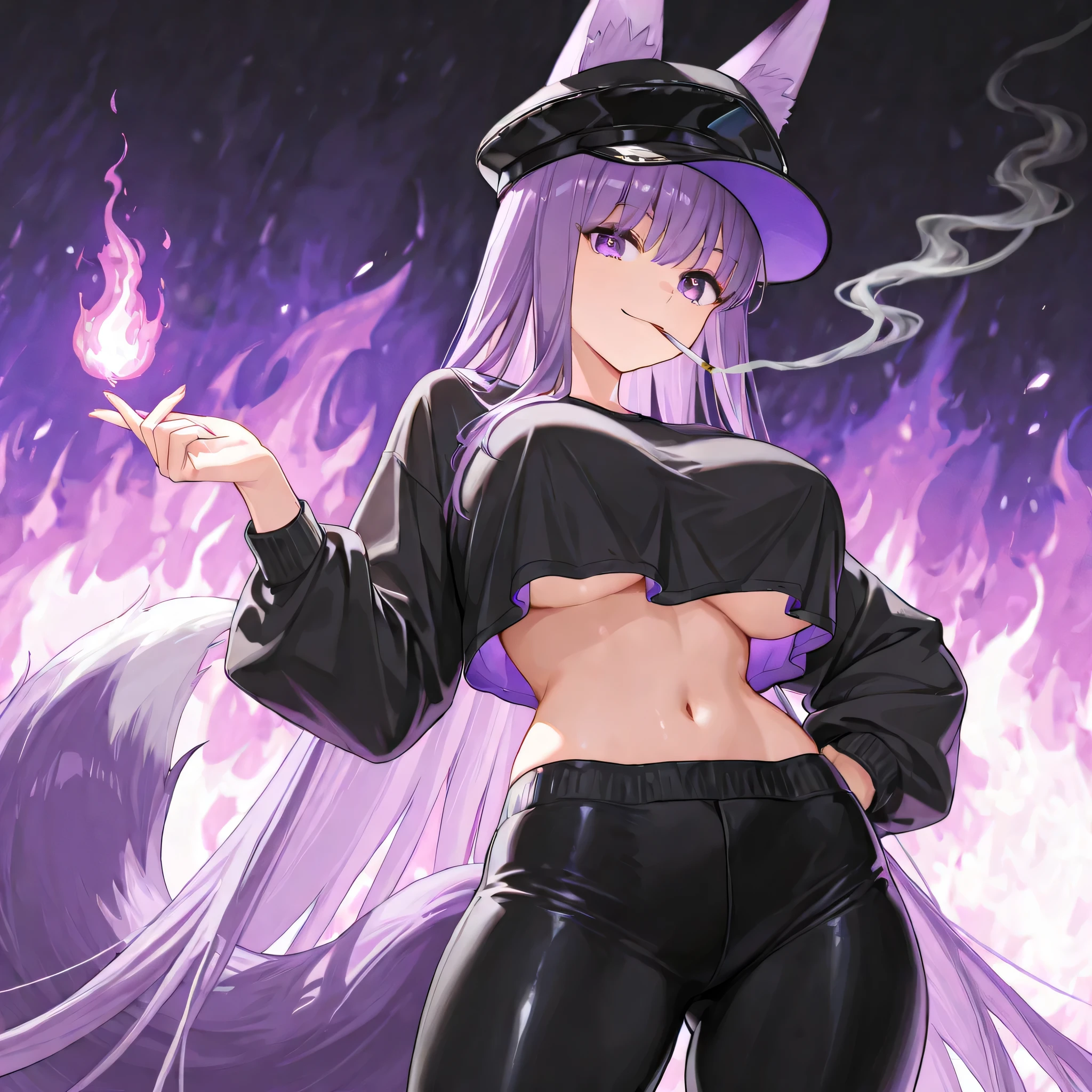 1girl, hat, crop top, navel, long hair, crop top overhang, midriff, purple hair, very long hair, purple eyes,  pants, looking at viewer, long sleeves, shirt, flower, black headwear, contrapposto, stomach, fire, solo, black shirt, hand on hip, black pants, breasts, mouth hold, cowboy shot, smile, smoking, alternate costume, purple fox ears, purple fox tail, huge vreasts, thick thighs, 
