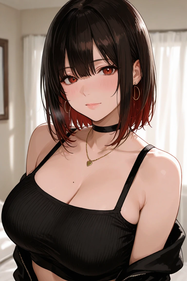 best quality, ultra-detailed, photorealistic: 1.39), bright and vibrant colors, studio lighting, romantic expression, seductive, Big breasts,1adult girl, solo, expressive eyes ((black hair: 1.4, red tips, multicolored bob hair, choker)), double eyelids, light effect on eyes, brown eyes, adult woman, milf, (black top , pleated skirt, fishnet stockings) confident face, sfm, eyebrow piercing, ear piercing, navel, nagatiti, hanging breasts, ((Work of art, 16k, realistic, shadow and light on the skin)) makeup, dark lipstick, a park, tattoo on arms, open waist, (perfect symmetrical body)