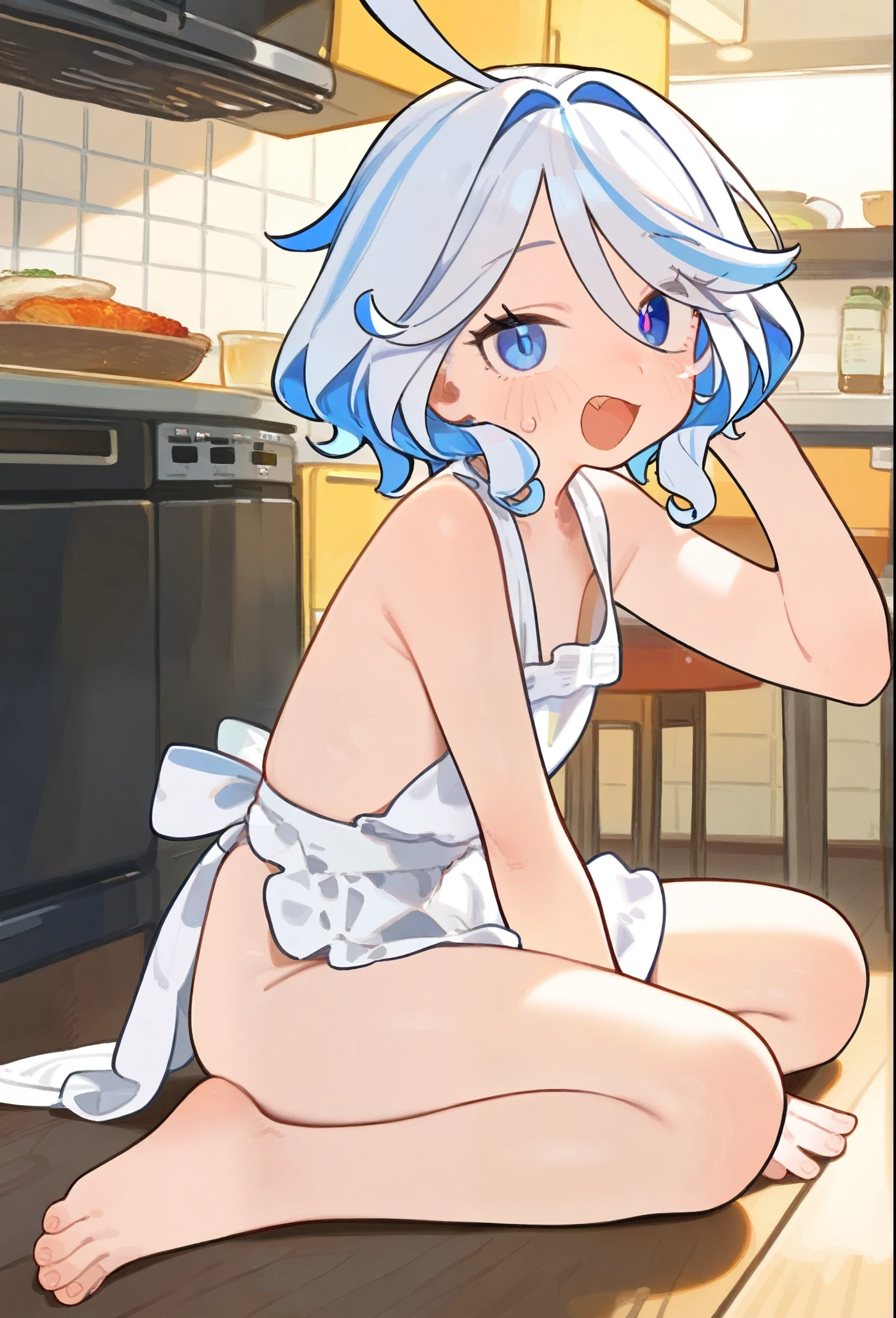 best quality，ultra-high definition， masterpiece，high res，furina，kitchen，sitting on the ground，nude，Wear an apron，