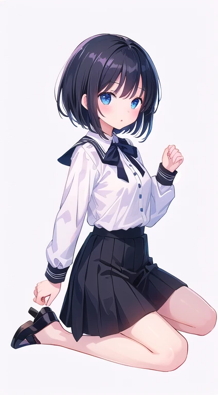 Highest quality,wonderful,finely,Highly detailed CG Unity 8k wallpaper, (1 Girl,Black Hair, blue eyes,short hair, Double Bang), (Small breasts:1.2), (Black T-shirt:1.1), (clavicle:1.1), Shorts、Smiling Kindly、smile、 (Mouth「or」Open in the form of pronunciation:1.2), (zettai ryoruiki:1.2),(narrow:1.2), (Are standing:1.2)、(((Solid white background)))、Facing the camera