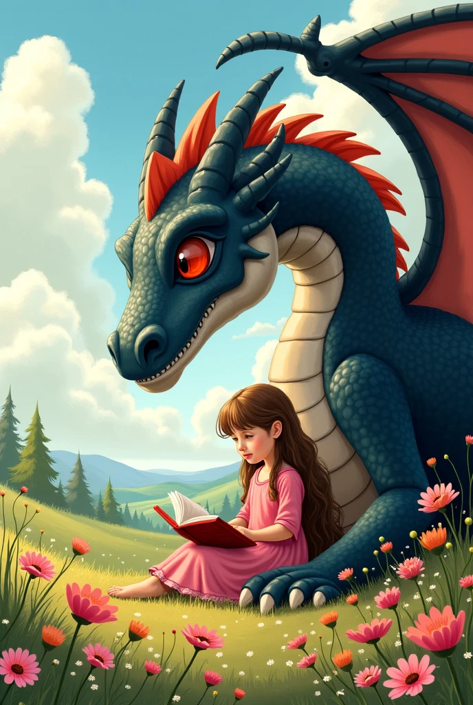 A huge dragon, winged by a little girl The dragon is black, has white bird wings, On his head he has lion fur and red eyes, has whiskers like a cat. 
They are in a beautiful landscape full of flowers and the  is reading a book while the dragon takes care of her..
The girl is wearing a pink dress and her long hair is loose., He has light brown hair