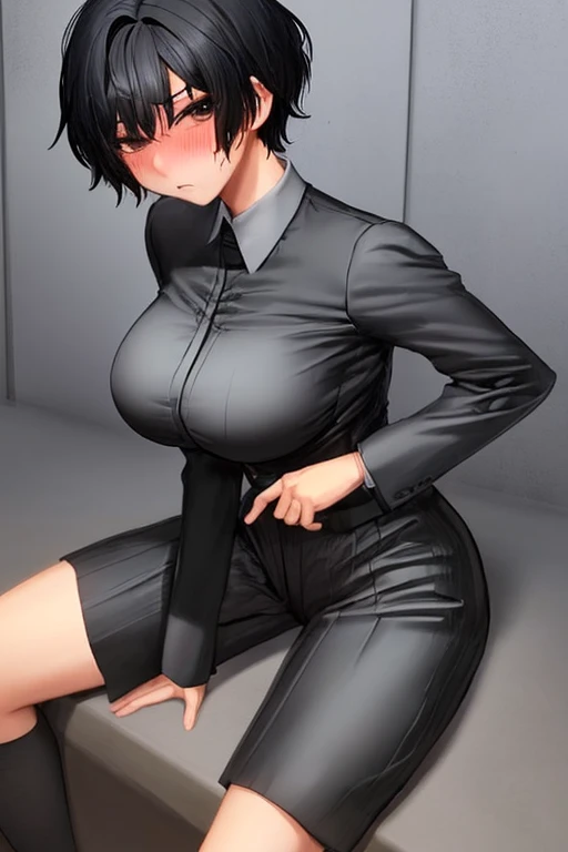 Woman in Suit Kneeling, Angry face, Wawy cheveux courts, seins perky exposant ses seins tout en baissant sa chemise