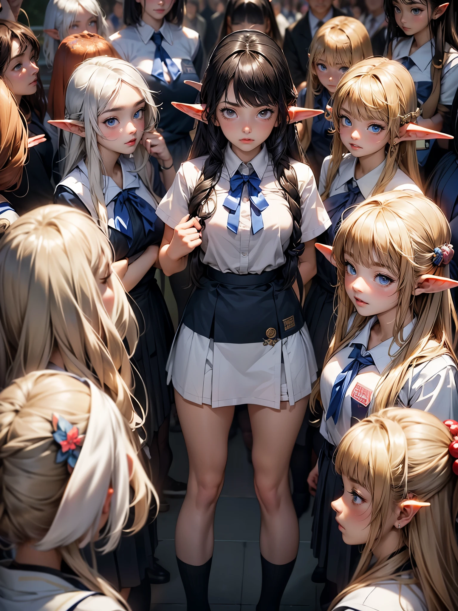 (masterpiece,best quality,high quality,ultra detailed,extremely detailed,ultra high res,best aesthetic,8k),(((clothing stripped))),(((nude))),(mature,15yo,beautiful girl,cute girl),(((beautiful black eyes))),((beautiful black hair,medium hair,straight hair)),(((nose blush,sweat,open mouth))),(((in classroom))),(((middle breast))),(((nude)),(((topless、bottomless、White knee-high socks))),(((3girls))),(((standing)))