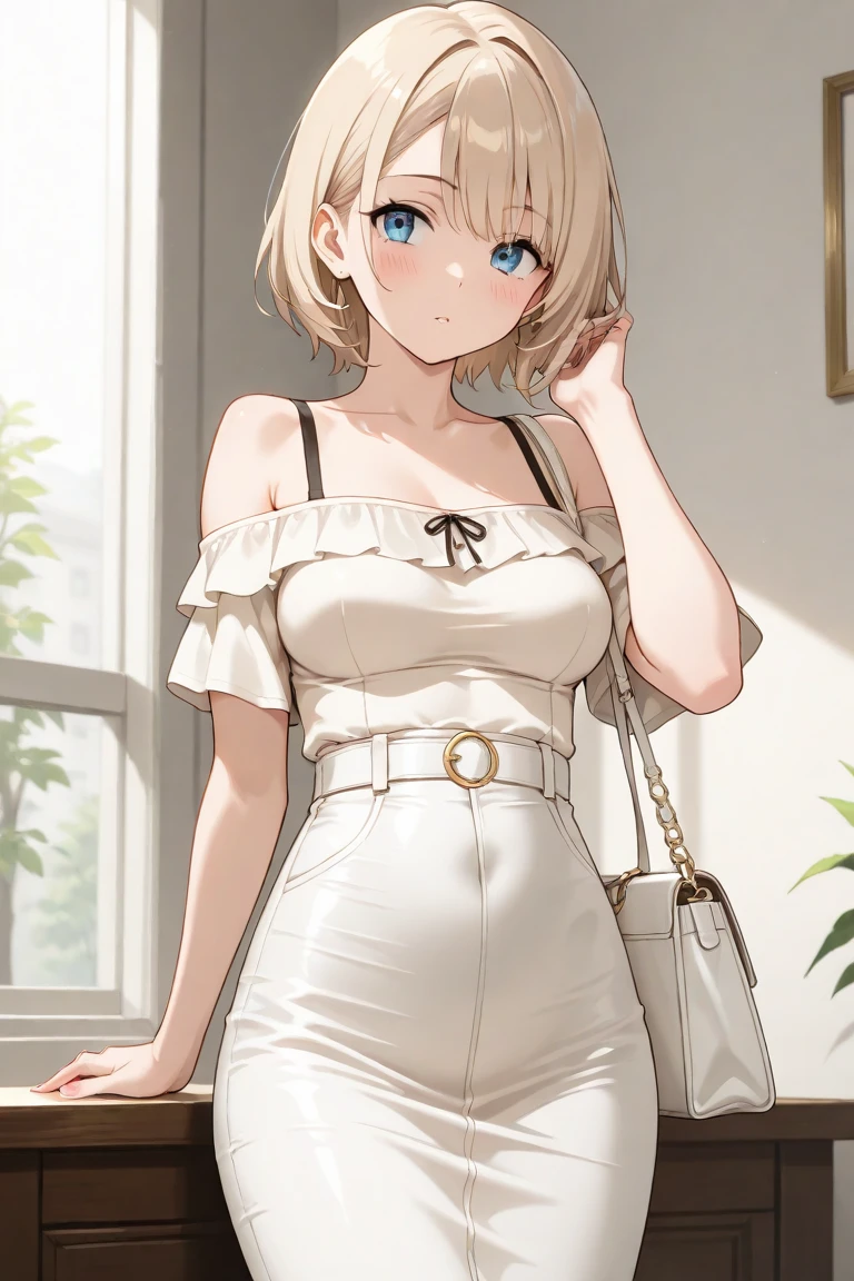 Curly short haired blonde woman, in white cotton top, and white high cut cotton panties, anime art style, intricate details