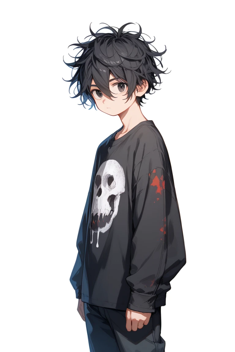 8k, best quality, masterpiece, highly detailed, male, 18 years old, comma hair model, black hair, black hoodie with death metal screen printing, jeans, sneakers, gray background