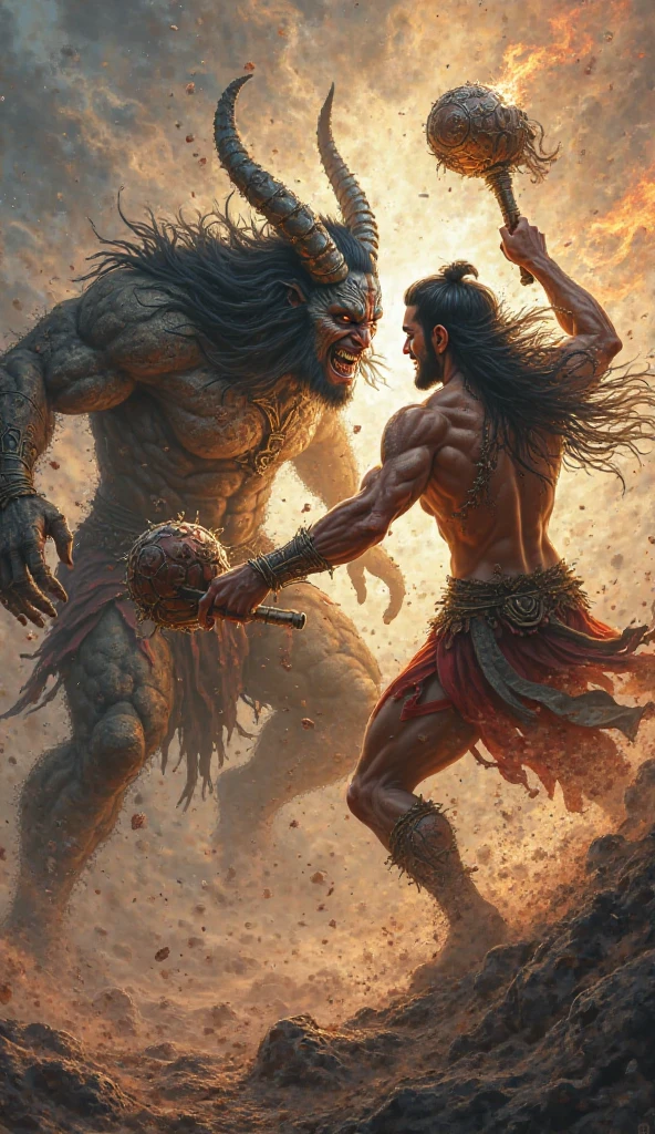 Lord hanuman with his muscular body fighting with mighty kumbhakarna