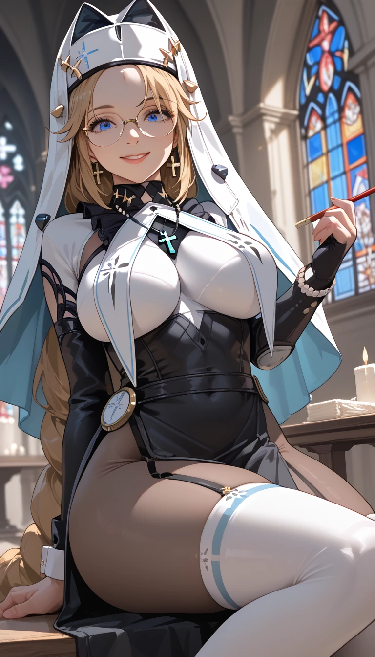 1girl, blonde hair, corset, nun, white silk, demon wings, big breasts, church, weapons