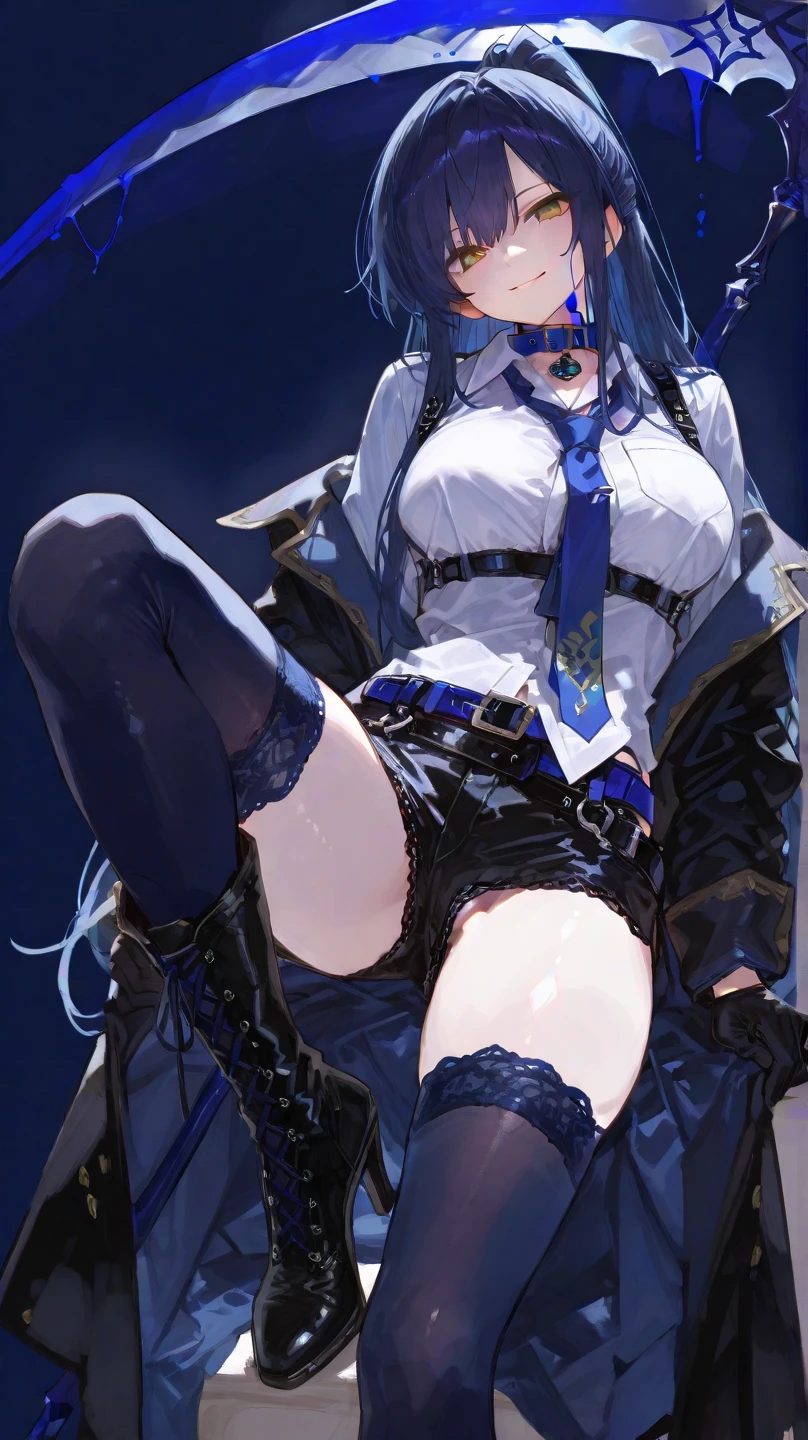 Obra maestra, La mejor calidad, Altas Resoluciones, sui1, 1girl, solamente, Cola de caballo lateral, Hoshimachi Suisei, Guantes sin dedos, single thighhigh, jewely, Individual sock, Correa para el muslo, brazalete, Calcetines azules, botones, A la altura de la rodilla, Vestido a cuadros, gargantilla azul, Blue Belt, falda a cuadros, mini corona, falda gris, Ascot azul, mangas largas, Chaqueta a cuadros, Disparo de vaquero, en el escenario, Clamping microphone, They are smiling,