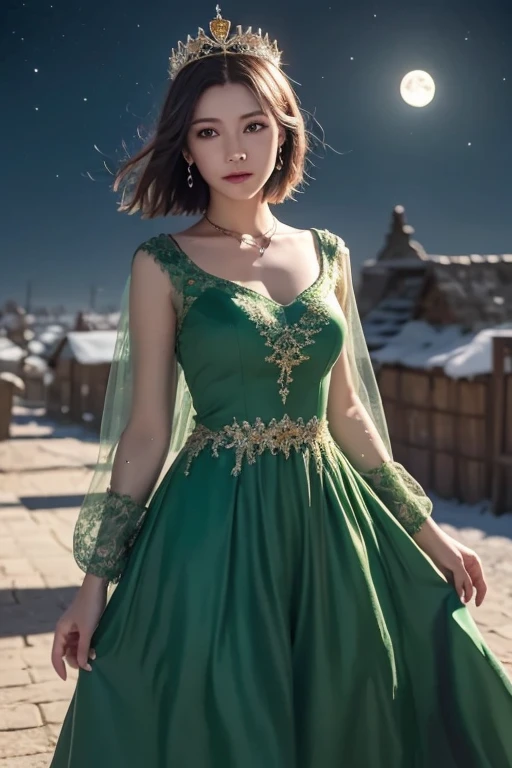 Asian cute girl, in a emerald green princess dress, by in a castle, kim jennie,