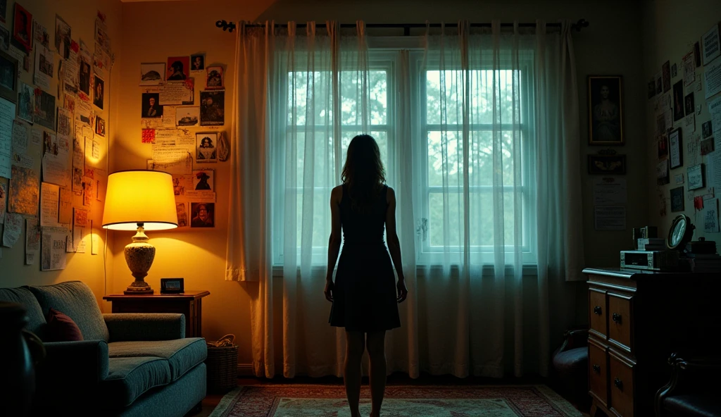  Business:
room, whose walls are covered with notes,  photos , with red threads. The center of the wall is some figure, name or mirror. The girl stands in front of this "headquarters" fainting.

Key elements:

location: Private room, a window with thick curtains

Aesthetics: detective board, disorder, mania

Colors: Red threads, yellow lamp light, general darkness

Emotion: obsession, tension, edge of madness
