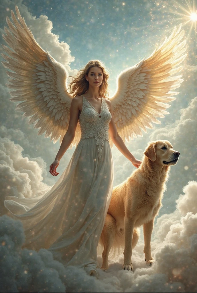 A woman with rabbit ears in angel clothes、A dachshund is tied with a rope、 desert、A sign with SOS written on it