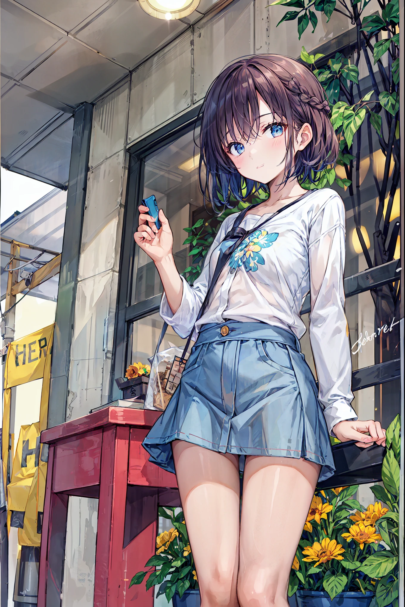 Photo, masterpiece, Best quality, wallpaper, 1 girl, Street, rain, Wet T-shirt, denim shorts, stockings, in the center of the frame, looks into the eyes.