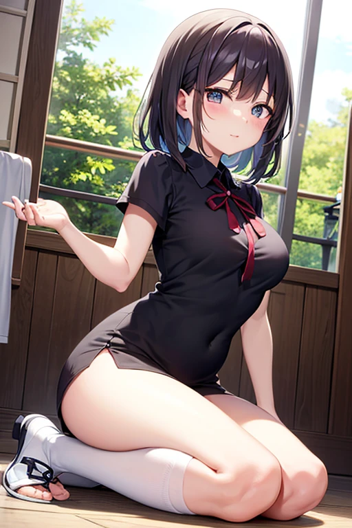 garden,On the grass,Uniformed,High School Uniform,Disheveled clothes,Your clothes are in disarray,Sit on the grass,Leg spread,Spreading legs,Flipping up a skirt,Showing her panties,Lifting up her skirt,No underwear,Not wearing pants,I can see her pussy,Looking forward,Normal milk,Normal boobs,Black Hair,Short Hair,Blue Eyes,Very embarrassed,Hold your mouth with your hand,Embarrassed face,Shy with open mouth,blush,Very embarrassed,Look Away,naked,Front viewStanding,Not looking at me,Looking away,Turn away,Thick thighs,Angle from below,Watch her from below