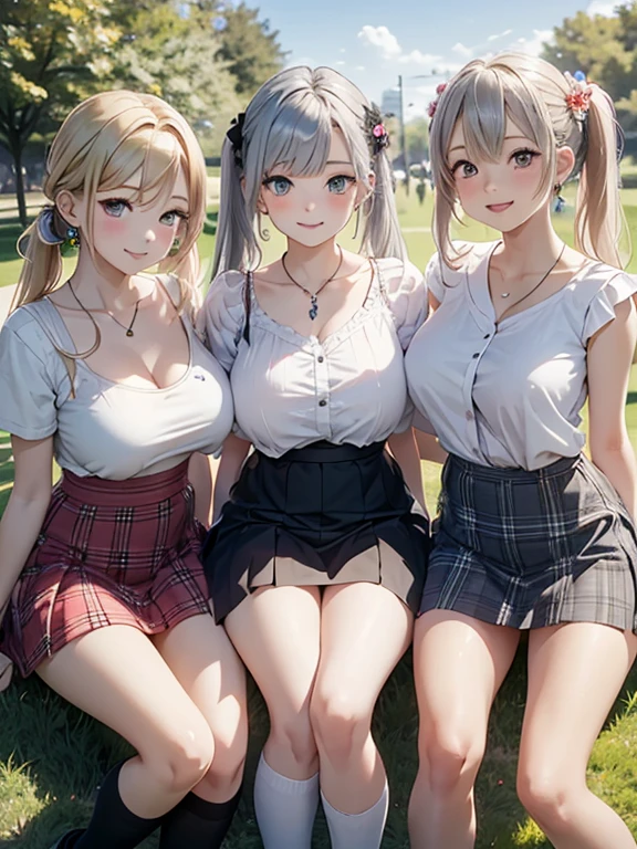 ((highest quality)), ((masterpiece)), (Cute baby girl), (3 girls:1.3), cute three girls are posing for a camera outdoors in the water, shirtを持ち上げる,lift the skirt, three people standing in a row, (Close-up shot from the knee:1.3), perfect face, smile, (open your mouth and smile:1.3), embarrassed look, (precise fingers:1.3), hair band, head band, hair bobble, blouse, shirt, can see my underwear,can see the shorts,skirt is off, I can't see my genitals, can'I can't see the nipples, (pastel colored underwear), high resolution eyes, accurate eyes, (high resolution eyes:1.8), (High definition finger 1.8), light smile, small chest, chest, realistic, knee socks, short skirt, Asian, Westerners, silver hair, brown hair, blonde, belly button, jewelry, looking at the viewer, necklace, water, , Wet, long hair, short hair, abs,