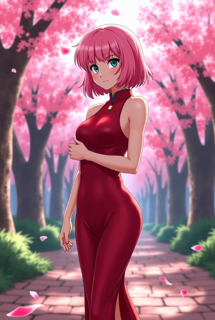 (masterpiece:1.2, best quality), 1girl,solo, large breasts, 3/4 body, headband, pink hair, short hair, green eyes, lipstick, red dress, bare shoulder, looking back, sakura, haruno_sakura, naked, sexy, transparent kimono.
