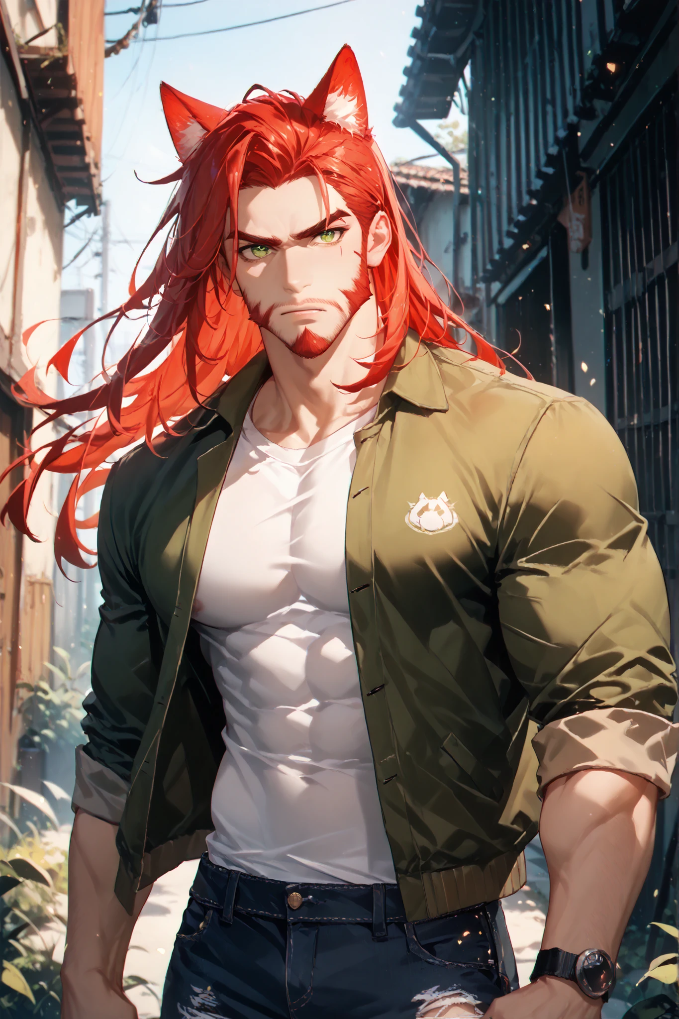 Character: solo, 1boy, wolf-boy, demi-human, adult, green eyes ((Eyes with high detail, no defects, pupils of equal size)), stern, old, daddy, manly, red beard, lush beard, big beard, long beard, facial hair, facial wrinkles, full lips, red hair, long, (red cat ears), rough face, toned, white shirt, khaki-green jacket, ripped jeans. Background: abandoned alley, outdoors, day, particles, fractal, best quality, 8k, highres, masterpiece, ultra-detailed, dramatic lighting