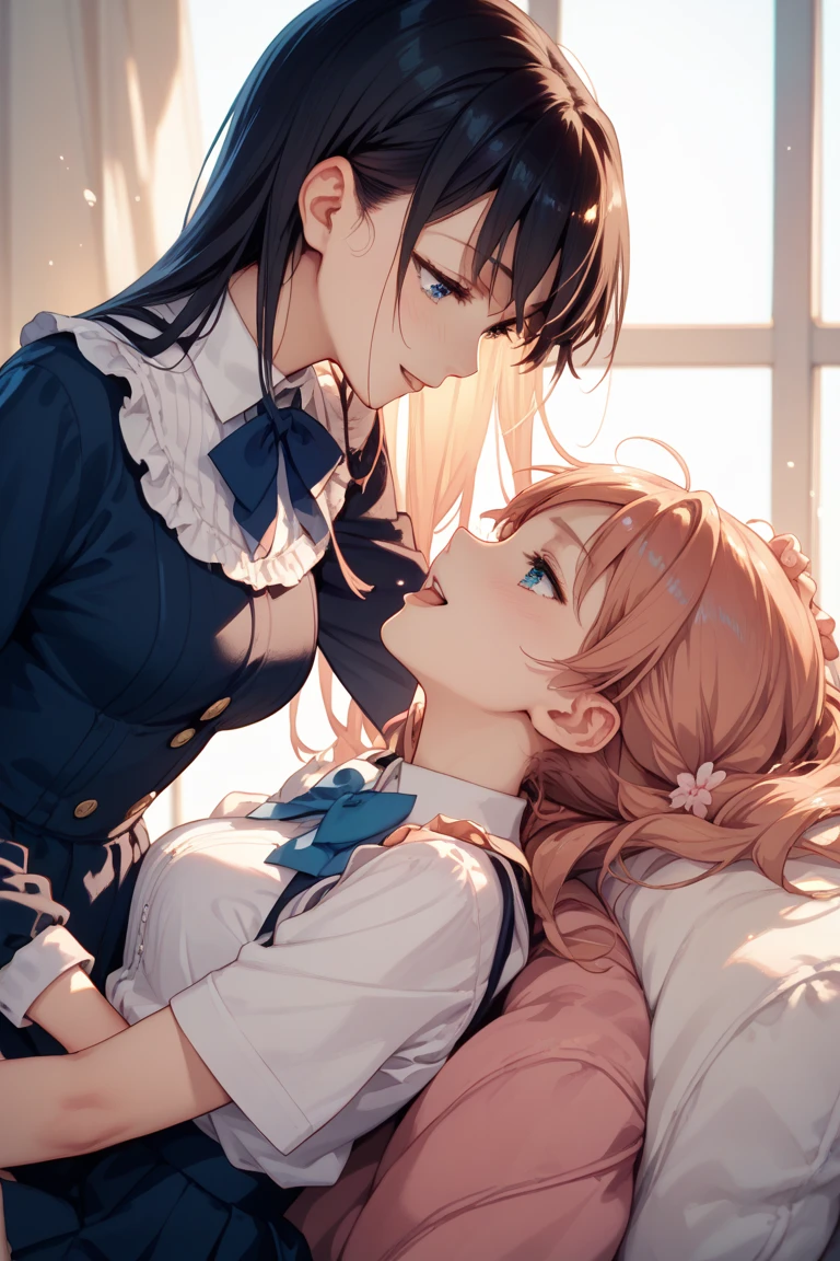 two girls lying on bed,kiss