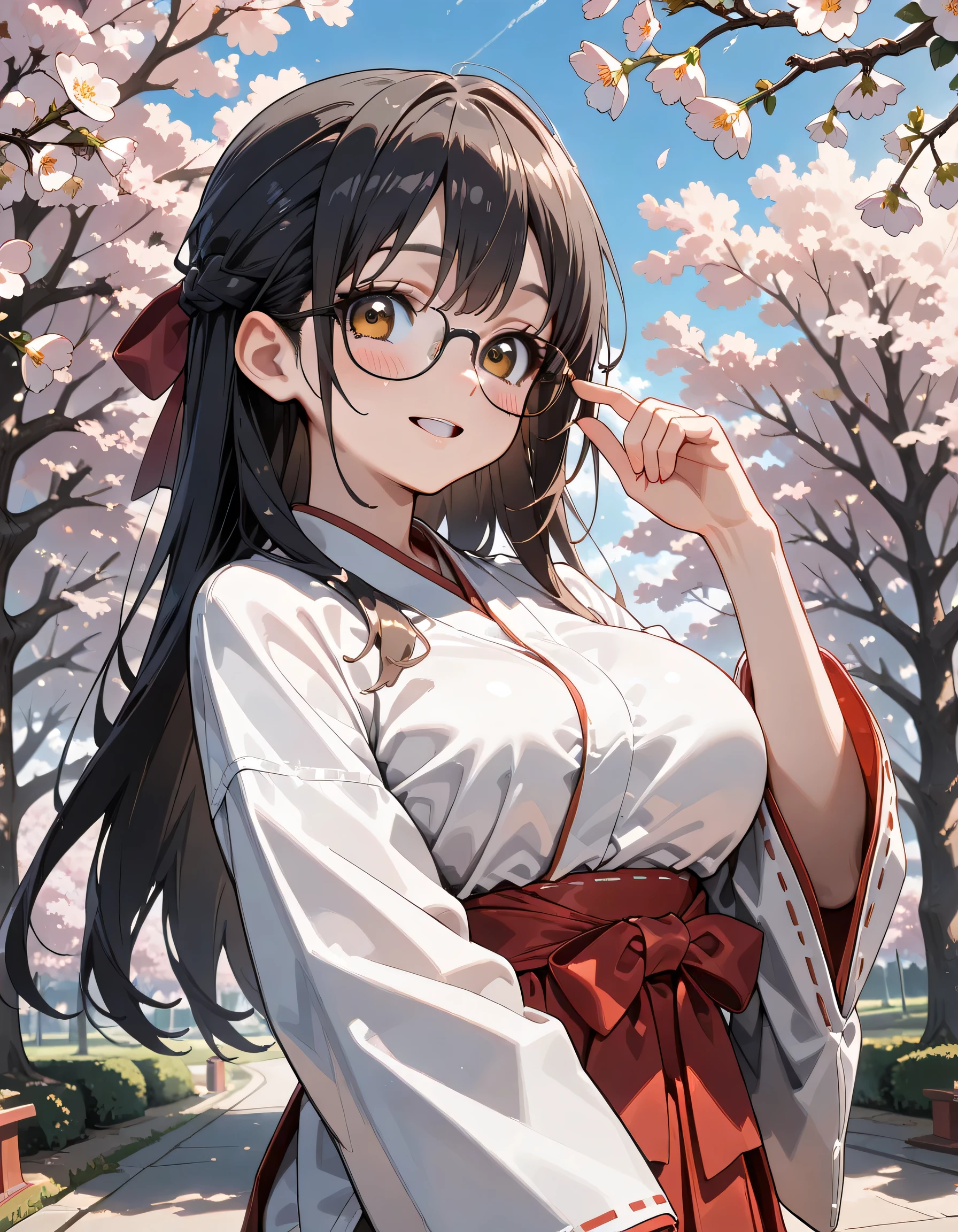 ((ultra-detailed)), (highly detailed CG illustration), (best quality:1.2), ultra-highly detailed, colorful composition, artistic photoshoot, ((upper body)), moe anime character, girl, dainty facial structure, (baby face), (round face), ((rounded chin:1.2)), ((ideal ratio body proportions)), thick eyebrows, half updo, Sagging eyes, long hair, ((black hair:1.3)), ((brown eyes:1.3)), ((wearing glasses:1.3)), ((round eyewear:1.3)), hair ribbon, japanese clothes, miko, hakama skirt, red hakama, white kimono, ample breasts, wide sleeves, looking at viewer, slight, ((shy:1.2)), ((open mouth:1.2)), ((blush:1.2)), beautiful detailed sky, cherry blossom petals, cherry trees, row of cherry trees, breeze, petals dancing in the wind, portrait, from slanted front, depth of field, soft lighting, backlight, (shine), lighting, caustics, ray tracing, perfect face, lustrous skin, highly detailed face, highly detailed eyes, perfect face, perfect nose, perfect hair, perfect eyes, perfect anatomy, beautiful hair, beautiful small face, extremely detailed face, beautiful detailed eyes, beautiful clavicle, beautiful body, beautiful huge breasts, leavage, breasts squeezed together, equalize the size of the left and right breasts, beautiful fingers, 4 fingers, 1 thumb, lovely, (very detailed background:1.0), (highly detailed background:1.0), spring aesthetic, intricate details, joyful atmosphere, spring colors palette, chromatic aberration