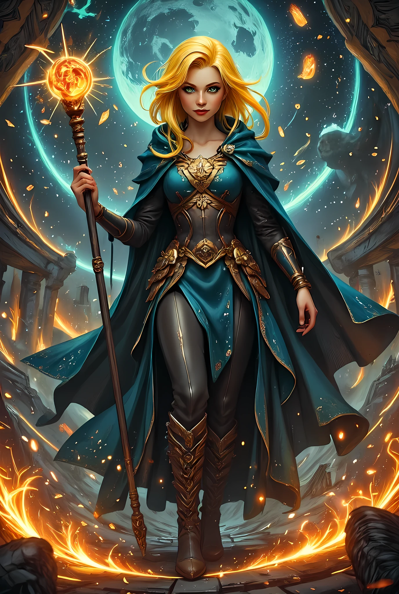 full body picture of olo female druid, intense details facial details, exquisite beauty, cleric of nature female, ((yellow hair: 1.5)), long hair,  (green eyes: 1.3), armed with a fiery staff, red fire, wearing (druid combat vestments: 1.5), wearing high heeled laced boots, wearing an (blue cloak:1.3),  wearing glowing holy symbol, manipulating fiery runes, fiery enerfy fantasy art, dnd art, RPG art, wide shot, (masterpiece: 1.4) intense details, highly detailed, photorealistic, best quality, highres, within fantasy temple of nature background, reflection light, high details, best quality, 16k, [ultra detailed], masterpiece, best quality, (extremely detailed), close up, ultra wide shot, photorealistic, RAW, fantasy art, dnd art, fantasy art, realistic art,((best quality)), ((masterpiece)), (detailed), perfect face, zavy-ctcmcs, firegirlnr