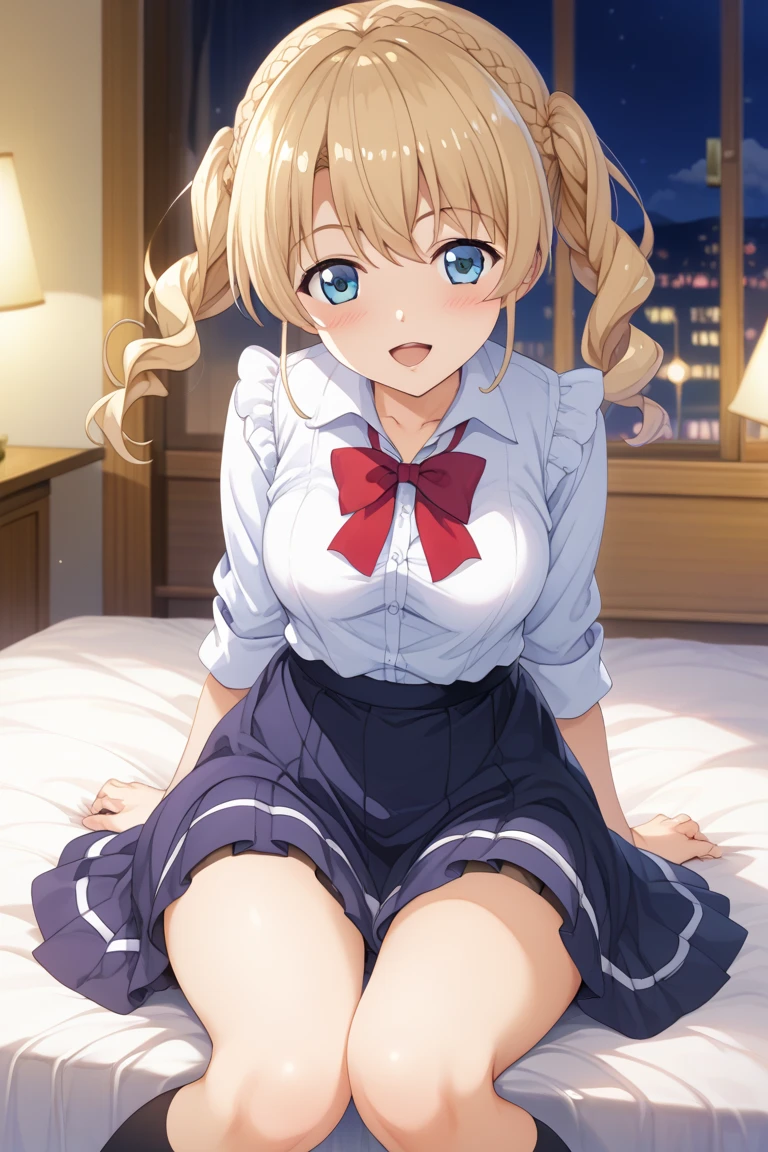 photorealism、highest quality、超A high resolution、NSFW、Japanese high school girl、18-year-old、girl in uniform sitting on bed、low angle shot:1.5、M-shaped spread legs:1.4、she spread her legs wide open:1.5、Sit with your knees bent and your legs spread apart.、((show panties:1.5))、sexy looking at camera、(Bob Cut Blonde Hair)、((pink silk panties))、panties close up:1.4、light blue shirt、Dark blue tartan plaid pleated skirt、dark blue socks、cute and beautiful face details、(Pueros face_V1:0.008)、brown eyes、eyeliner、blush、embarrassing、glare、 glossy lips: 1.4, impatience、It was scary、glare、panty appeal、panties close up:1.3、blush、はAre crying、Are crying、open your knees、open your legs、disheveled clothes、dressing、medium long hair,in the bedroom、Anatomically accurate human body、perfect arms、perfect hands、perfect fingers、perfect legs、accurate human body、(Cat ear)、big breasts、