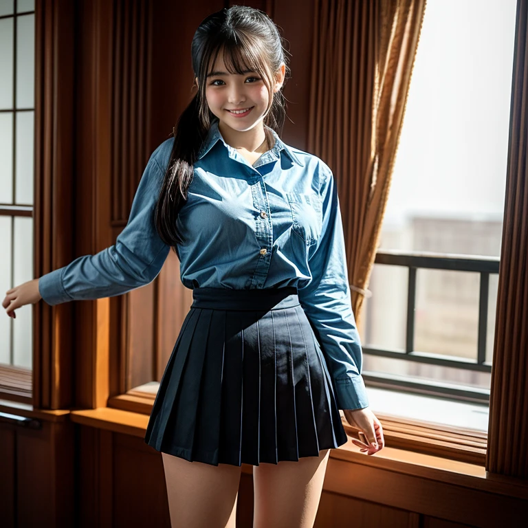 ((beatiful girl:1.3)) ((school uniform:1.5)) (((smile:1.2)) ((large breasts:1.2)) best quality,masterpiece,ultra high res,(photorealistic:1.4),raw photo,(Authentic skin texture:1.3),(film grain:1.3),panorama,character portrait,very wide shot,narrow waist,cowboy shot,streaming tears,,dust,Tyndall effect,(expression),,beautiful detailed eyes and face,brown eyes, ((full body:1.3)) ((in the classroom)) ((standing:1.2))