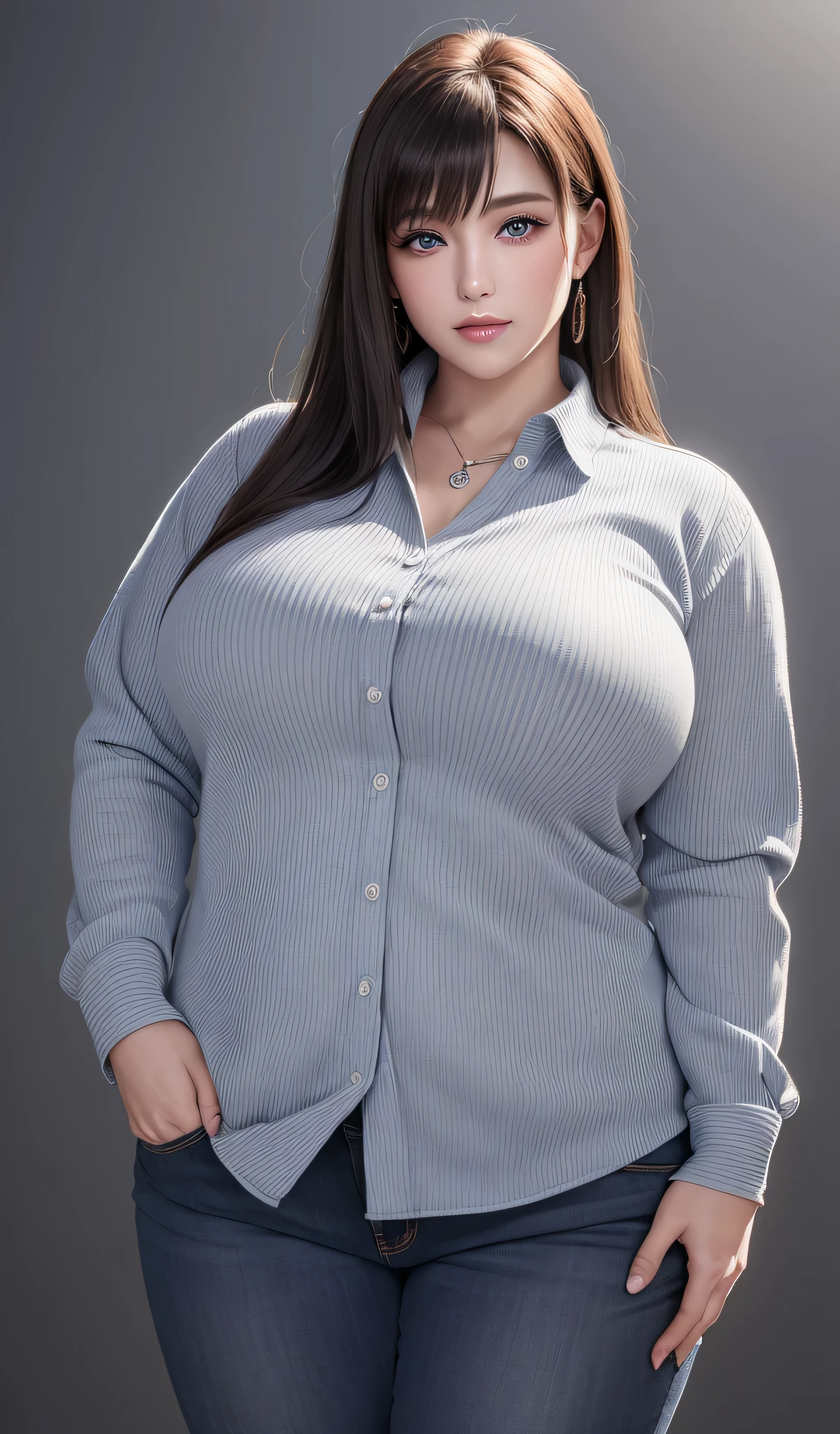 20 Years Old Tifa, Large Framed and Big-boned Body, Matured Appearance, Plump Figure, Muscular Body, Large Top Front body portrait, (Balanced Standing with Good Posture: 1.5), Wearing Long Collared Button-Down Blazer Vertical Strip Shirts and light color Jeans Pants, Grey-White Color Clothes, Beautiful Simple Button-Down Vertical Strip Shirts, (((Upon body from head to hips)), ((Masterpiece)), ((Highest quality)), ((Super realistic)), ((Ultra-detailed)), ((Illustration)), ((Detail intricated))), Hyper-realistic, Ultra-realistic, Highest resolution, 8K Wallpaper, Professional light, Sweet Fascinating Smile, Perspective, Seductive and Attractive Appearance, Black Dark Long Hair from Shoulder to Waists in Front, Perfect Hair Details, Cute Realistic Young Face, Perfect & Balanced Face details, Jewelry Blue Eyes, Beautiful and Detailed Eyes, Perfect Captivating Eyes, Perfect Noses & Ears, Perfect Mouth & Lips, Best Facial Balance, Perfect Detailed Fair Skin, Glowing Skin, Natural Small Breasts, Perfect Breasts Balance, Wide Shoulders and Arms, Perfect Balanced Horizontal Shoulders, Big Plump Waists, Big Plump Hips, Perfect Waists, Best image quality, Fine-grained image quality, Extreme details, Professional balanced large body, Grey Wall Background, Super Realistic Hands & Fingers Details,