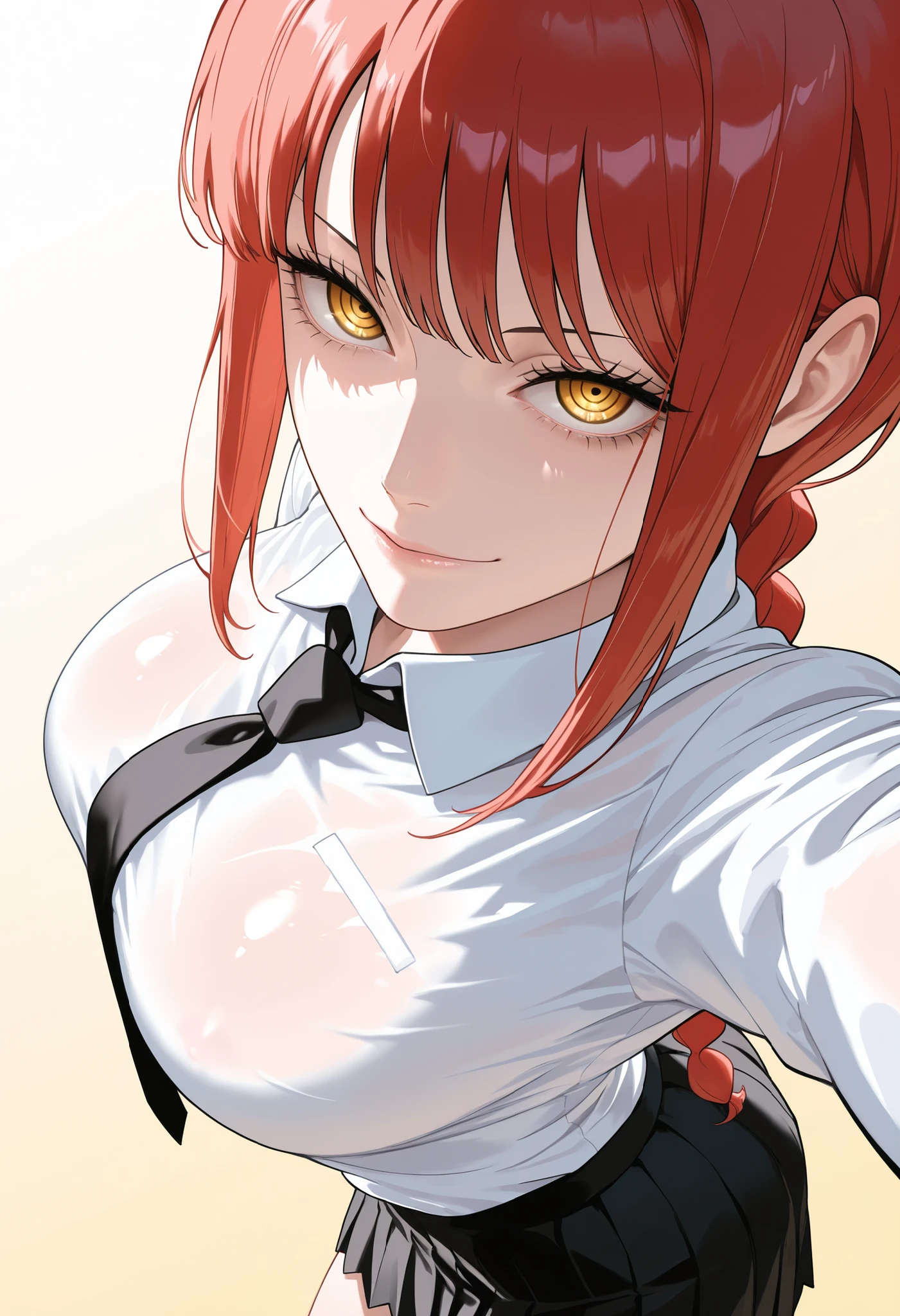 masterpiece, best quality, amazing quality, 1girl, (Makima , One Piece, Chainsaw man, yellow eyes, red hair), wearing School uniform, Pleasure Face, close up shot, simple background, medium size  , golden ratio face, sexy pose, Pinkish skin tone, smooth and soft skin, shiny skin, standing, Standing up, top view, side view, selfie,  showing, (nsfw:1.2), student uniform, japanese student