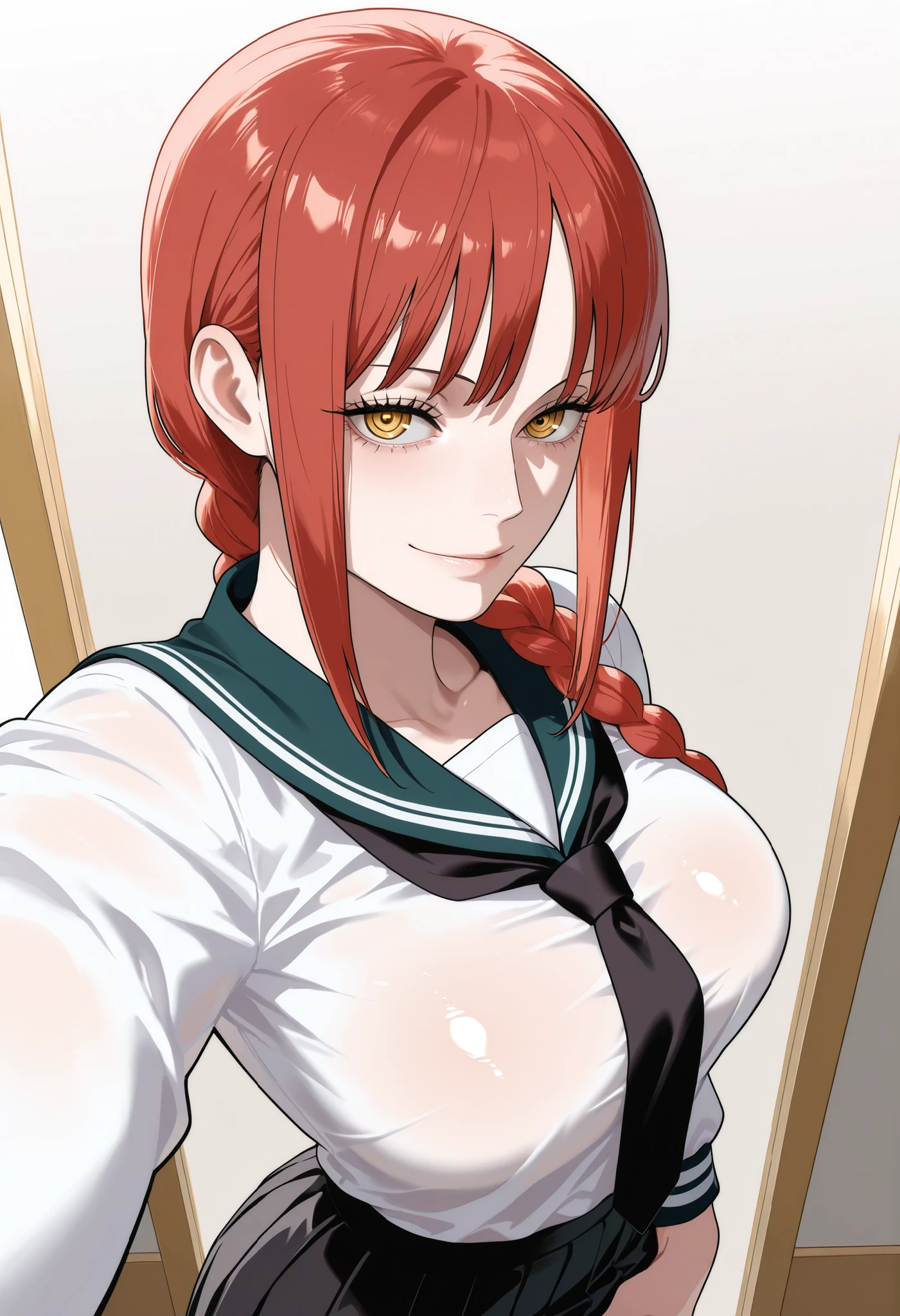 masterpiece, best quality, amazing quality, 1girl, (Makima , One Piece, Chainsaw man, yellow eyes, red hair), wearing School uniform, Pleasure Face, close up shot, simple background, medium size  , golden ratio face, sexy pose, Pinkish skin tone, smooth and soft skin, shiny skin, standing, Standing up, top view, side view, selfie,  showing, (nsfw:1.2), student uniform, japanese student