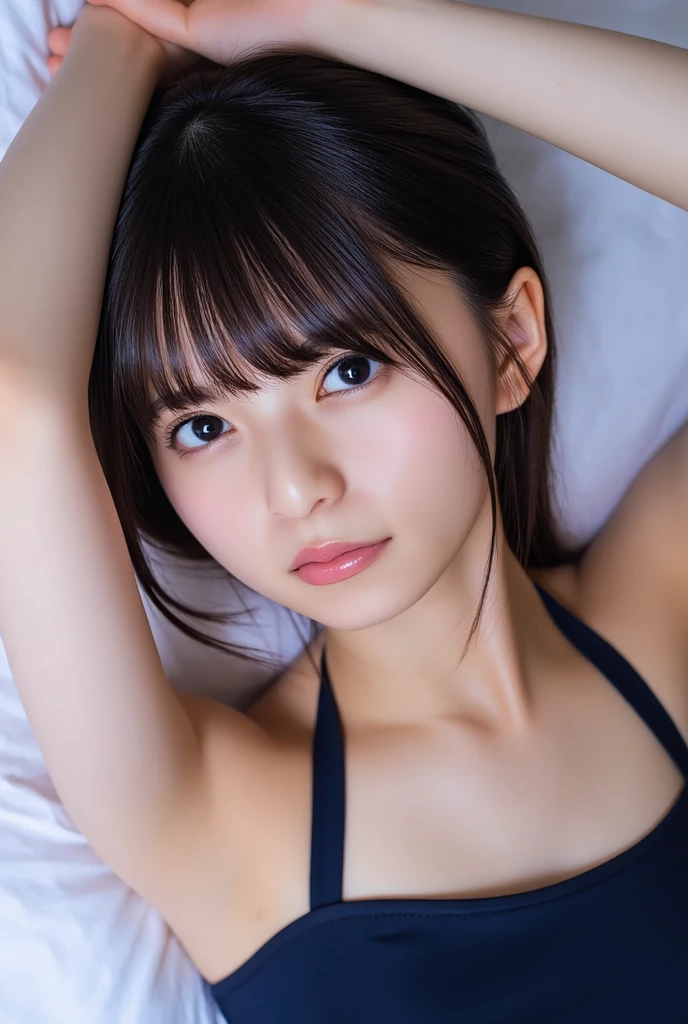 (One Girl), ((Very cute face)), Great face and eyes, (Highly detailed eyes, Highly detailed face), Fresh, Very beautiful appearance, (Ultra-realistic, High resolution), (highest quality:1.4), RAW Photos, (Realistic, Realistic:1.37), Professional photography , (one-piece navy school swimsuit:1.1) , Smile a little, (look at me) , Portrait of a Girl , (gigantic breasts:1.3) , ((())) , ((junior high school student)), (light brown short hair:0.9) , (wavy hair:1.3) , (Nipples visible through sailor uniform:1.3) , (Please tilt your head a little) , Perfect nipples , ((Nipples are light pink )) , ((light pink areola)) , (sweating cleavage:1.2) , (cum on her breasts ) , (small nipples) , (upper body) , (lying down on the bed:1.3) , (young face:1.3) , (little girl:your back:1.4) , (young face:1.7) , (bed on the back:1.3) , (braided hair:1.2)