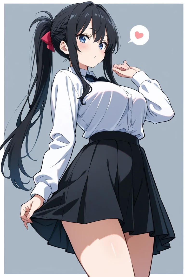 8K, Attractive, intensely detailed, 20 Year Old Girl, sexy and attractive woman with dark, black hair. She has beautiful sky-blue eyes with a heart inside. She is wearing a white shirt and a blue skirt, accentuating her waist and giving us a view of her adorable panties. From under the skirt we can see sexy black, lace panties with bow. This high-quality, high-definition image will give you a shocking visual experience.