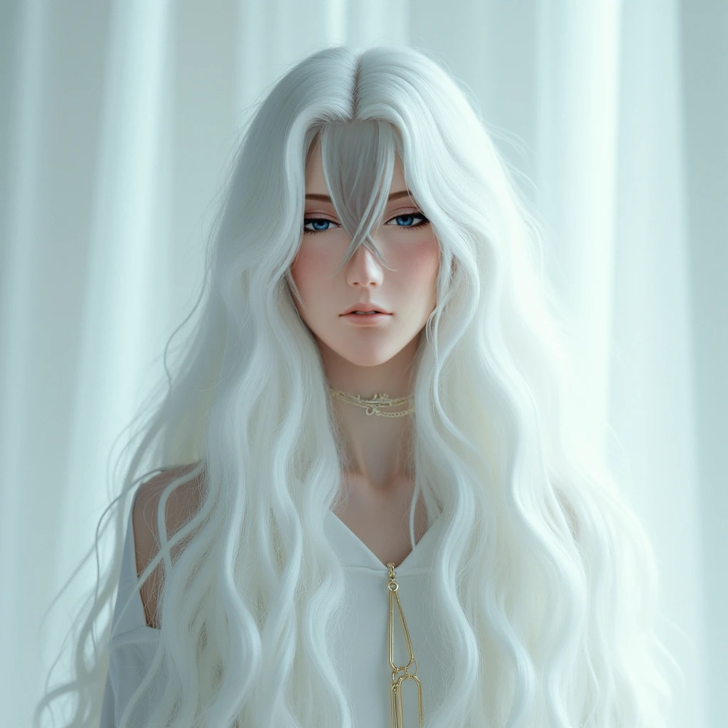 Create the image of a ghostly being with long curly hair with a bizarre feature 