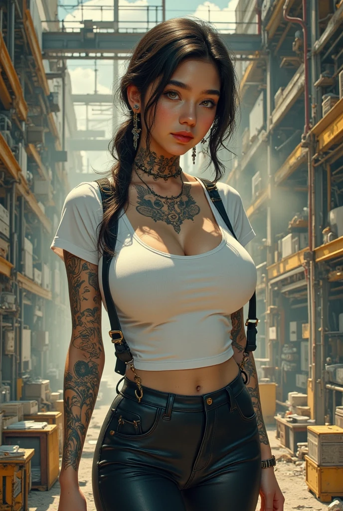 masterpiece, high quality, perfect face, beautiful face, ((white shirt, t-shirt, short shorts)), bra straps, ((tattoo on arms)), ((tattoo on chest:1.3)), ((tattoo on thighs:1.4)), sexy, gorgeous, gorgeous female, beautiful, hot, attractive, seductive, alluring, charming, enchanting, bitch face, (huge breasts:1.3), perfect round breasts, thin arms, perfect female body, looking at viewer, sitting, fancy, rich, luxury, prestige, rich woman, tattoo parlour, (cyberpunk), led lights, fancy lights, fancy lighting, presenting, fair skin, intricate detail, delicate pattern, (brunette hair, long hair, side shaved hair:1.5), nose piercings, spiky ears piercings, choker