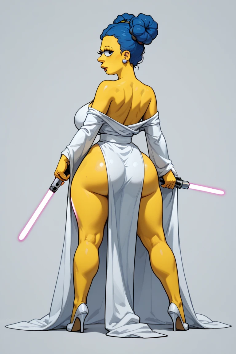 Tall, Red Skin Twi'lek with (naked, huge breasts, big ass), huge breasts, tall, graceful, (tall), slim hips, small waist, arched back, looking over her shoulder, back view, lithe, sinuous, sexy, backboob, sideboob