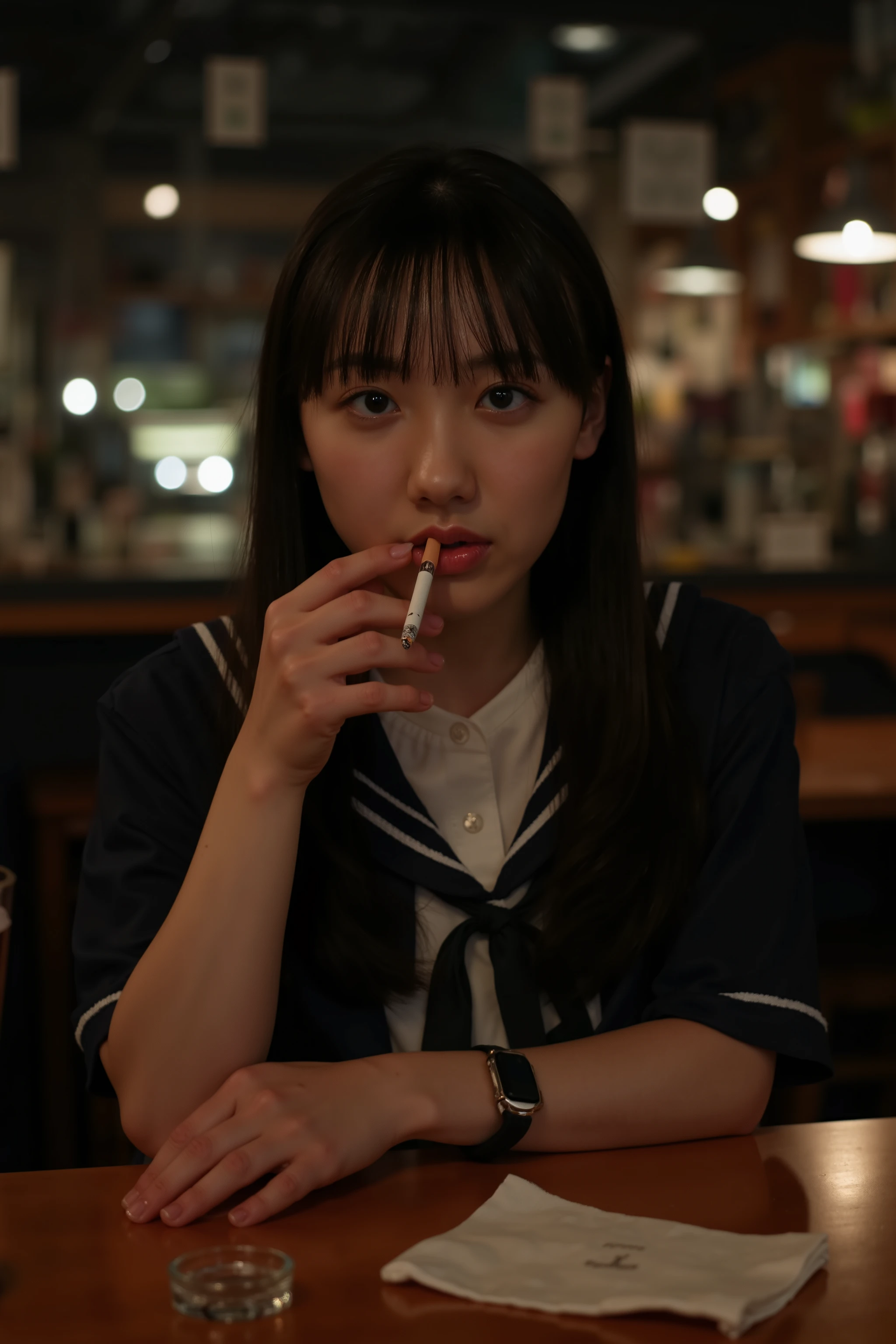 A high resolution photograph of a young Japanese woman in sailor suit as school uniform, straight glossy black hair, pale skin, POV across table, She is sitting at a table in a dimly lit coffee shop. She is a smoker,  holds a cigarette in her right hand, smokes now and Cigarette smoke wafts around her. There is an ashtray and a beer mug on the table. She's looking at the camera with a glaring expression.  The overall atmosphere is grim. This image depicts detailed face, detailed eyes, sophisticated nose, photo-realistic, masterpiece, best quality, intricate details, extremely detailed, cinematic lighting, detailed hands, detailed fingers and anatomically correct proportion.