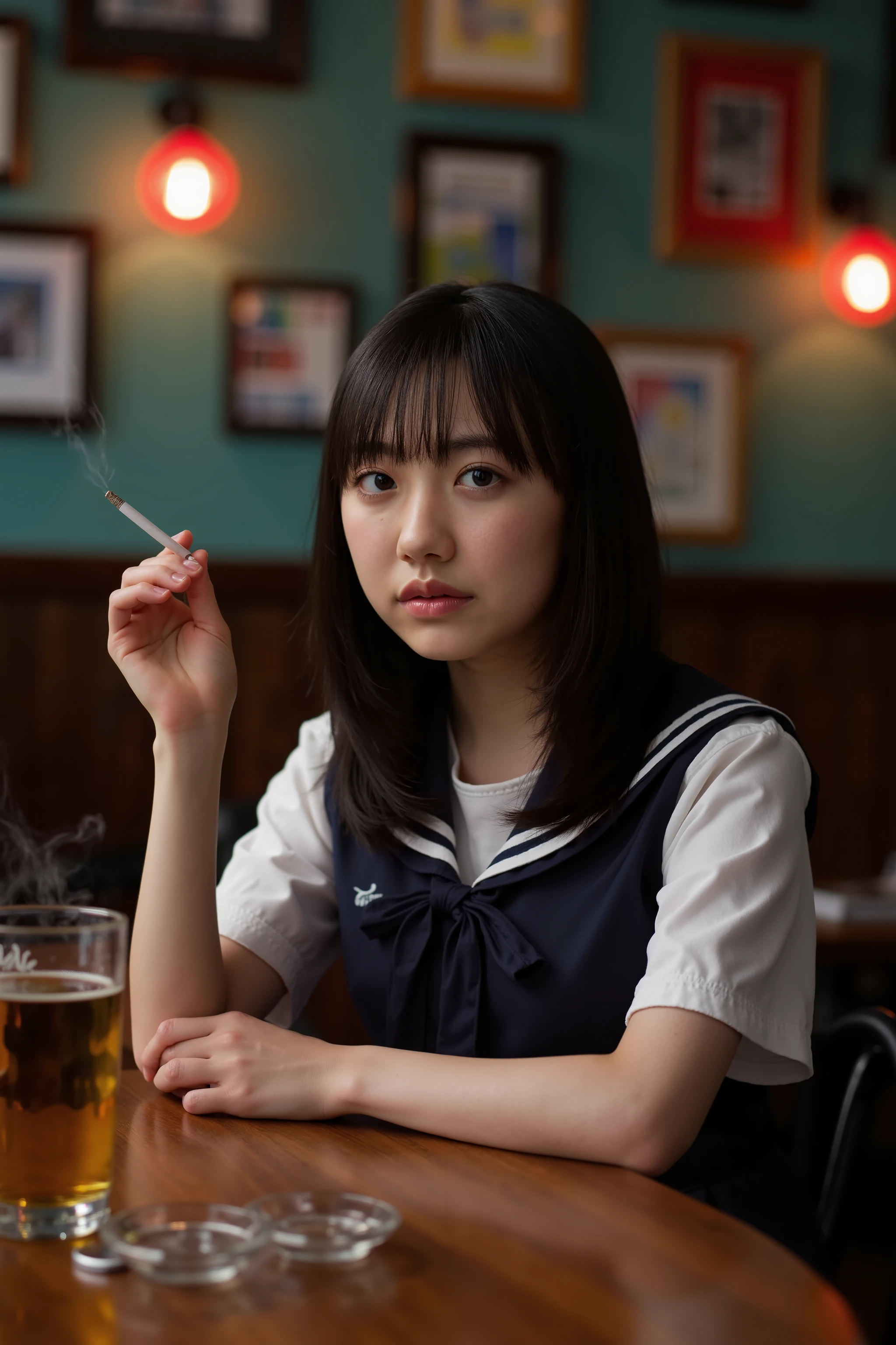 A high resolution photograph of a young Japanese woman in sailor suit as school uniform, straight glossy black hair, pale skin, POV across table, She is sitting at a table in a dimly lit coffee shop. She is a smoker,  holds a cigarette in her right hand, smokes now and Cigarette smoke wafts around her. There is an ashtray and a beer mug on the table. She's looking at the camera with a glaring expression.  The overall atmosphere is grim. This image depicts detailed face, detailed eyes, sophisticated nose, photo-realistic, masterpiece, best quality, intricate details, extremely detailed, cinematic lighting, detailed hands, detailed fingers and anatomically correct proportion.