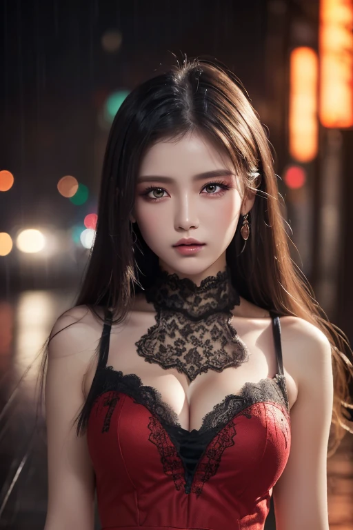 Full body potrait of realistic beautiful brunette seducer, devilish, Curly hair, hell, dark sky, gloomy, Exotic Black & Red Villain Dress, Choker-style Coke, Blood-red eyes, Detailed face, goth, s whole body, dark fantasy, (NSFW (New South Wales):1.5), voluptuous breasts, porcelain skin, Commercial photo quality,Underwear with nipples, NSFW:1