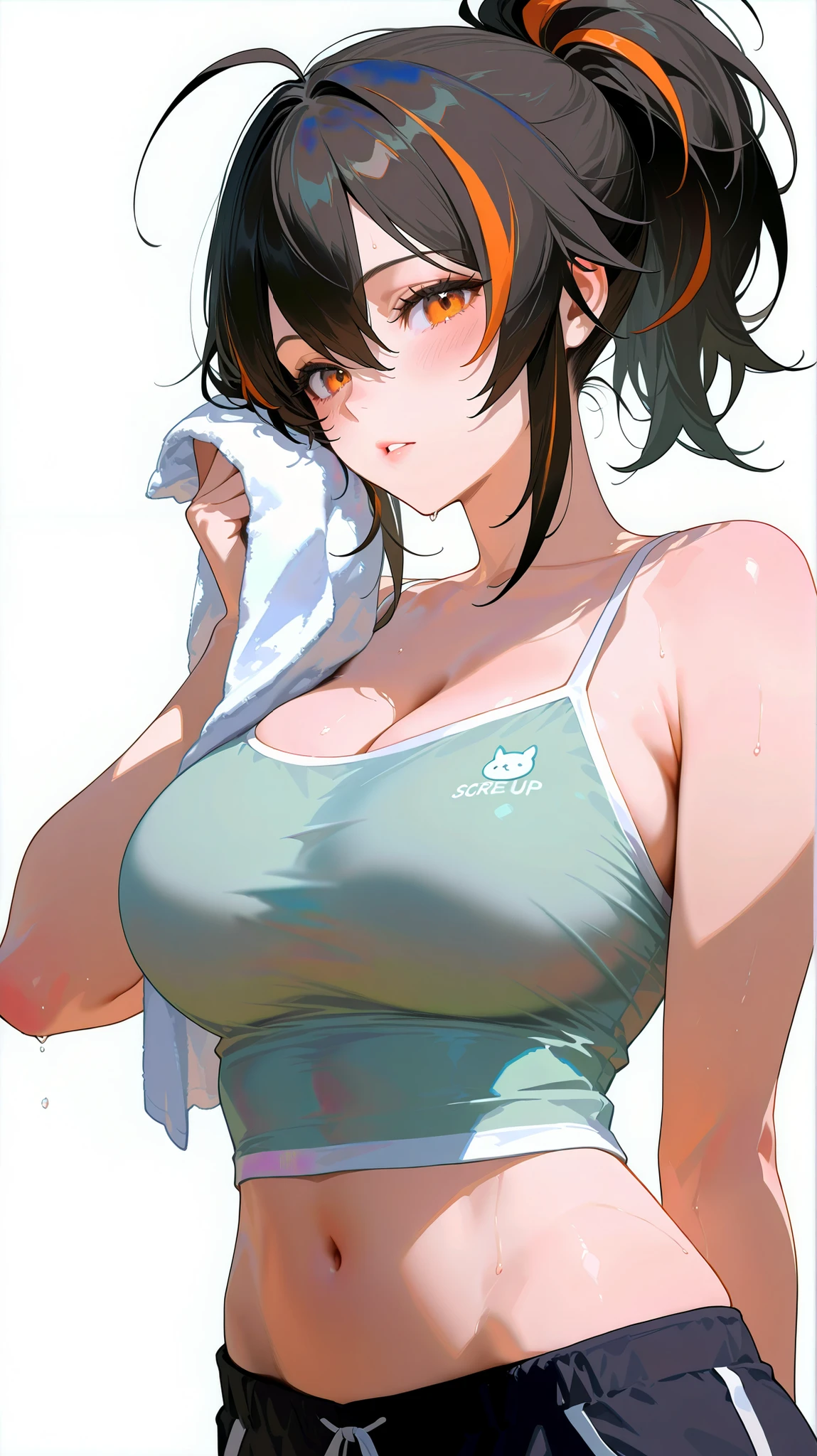 nsfw:1.2,16K、masterpiece、High resolution、((18-year-old female))、Very large breasts、(((thin, A skin-tight white sports bra))、((白くthinスポーツレギンス))、Captivating look、smile、((Please put your hands on your hips))、Angle from below、((Upper body close-up))