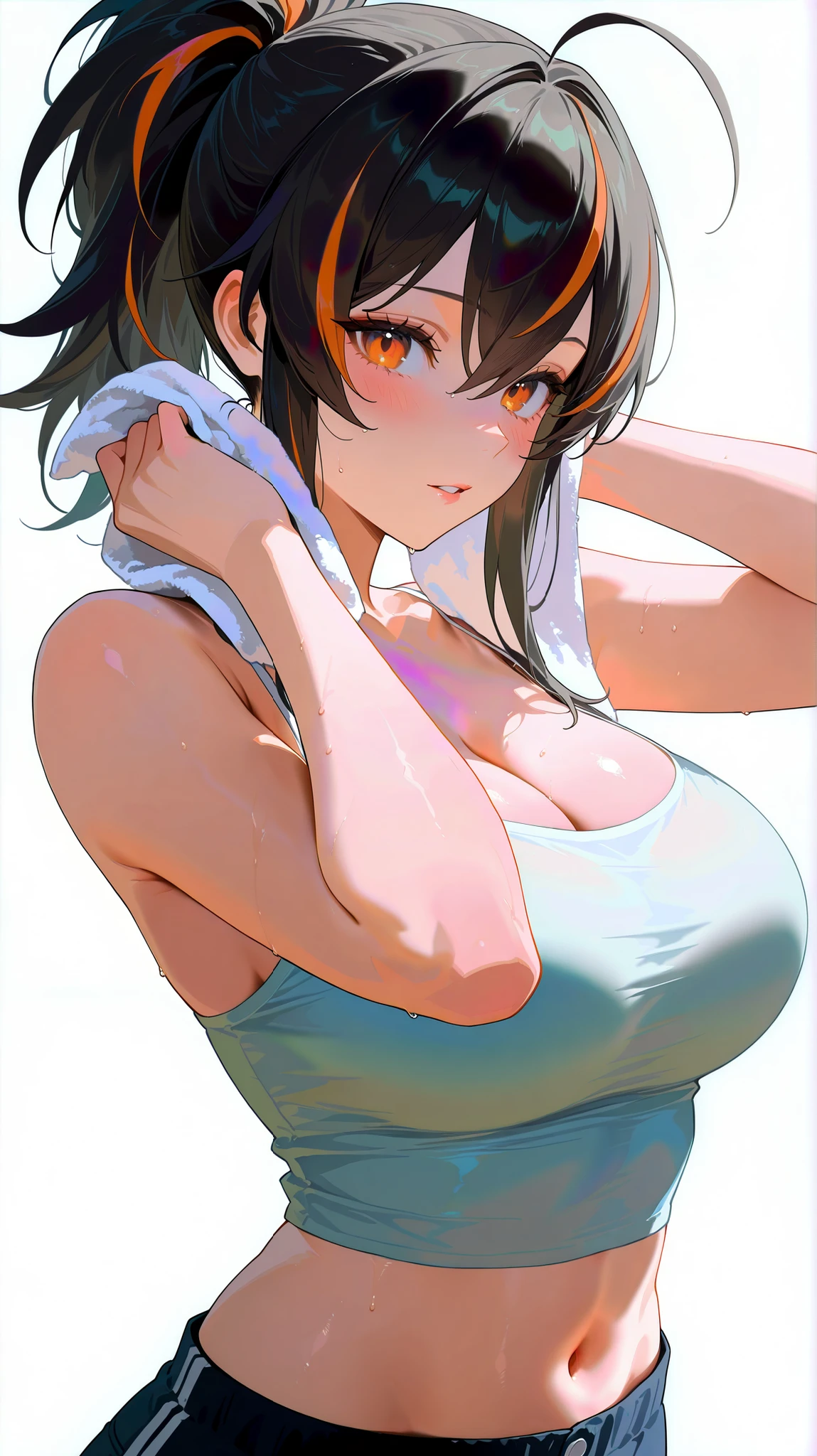 masterpiece, top quality, best quality, official art, beautiful and aesthetic:1.2),(8k, best quality, masterpiece:1.2), (((masterpiece))),(((best quality))),(((extremely detailed))), illustration, who, (masterpiece, top quality, best quality, official art, beautiful and aesthetic:1.2),(8k, best quality, masterpiece:1.2), zhu-yuan, black hair,streaked hair, orange eyes, long hair, ponytail, 1girl, breasts, solo, cleavage, streaked hair, towel, navel, multicolored hair, looking at viewer, midriff, white background, ahoge, large breasts, simple background, blush, crop top, black hair, holding towel, camisole, holding, parted lips, orange eyes, bare shoulders, upper body, stomach, pants, medium hair, hair between eyes, long hair
