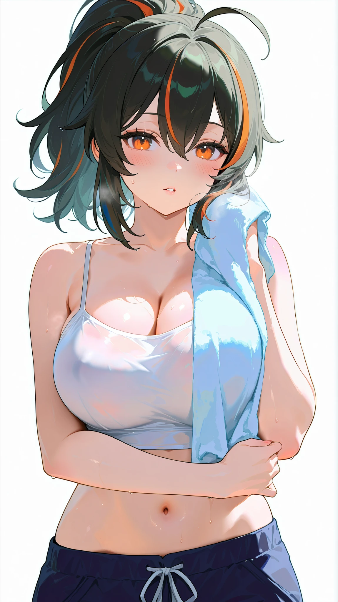 masterpiece, top quality, best quality, official art, beautiful and aesthetic:1.2),(8k, best quality, masterpiece:1.2), (((masterpiece))),(((best quality))),(((extremely detailed))), illustration, who, (masterpiece, top quality, best quality, official art, beautiful and aesthetic:1.2),(8k, best quality, masterpiece:1.2), zhu-yuan, black hair,streaked hair, orange eyes, long hair, ponytail, 1girl, breasts, solo, cleavage, streaked hair, towel, navel, multicolored hair, looking at viewer, midriff, white background, ahoge, large breasts, simple background, blush, crop top, black hair, holding towel, camisole, holding, parted lips, orange eyes, bare shoulders, upper body, stomach, pants, medium hair, hair between eyes, long hair
